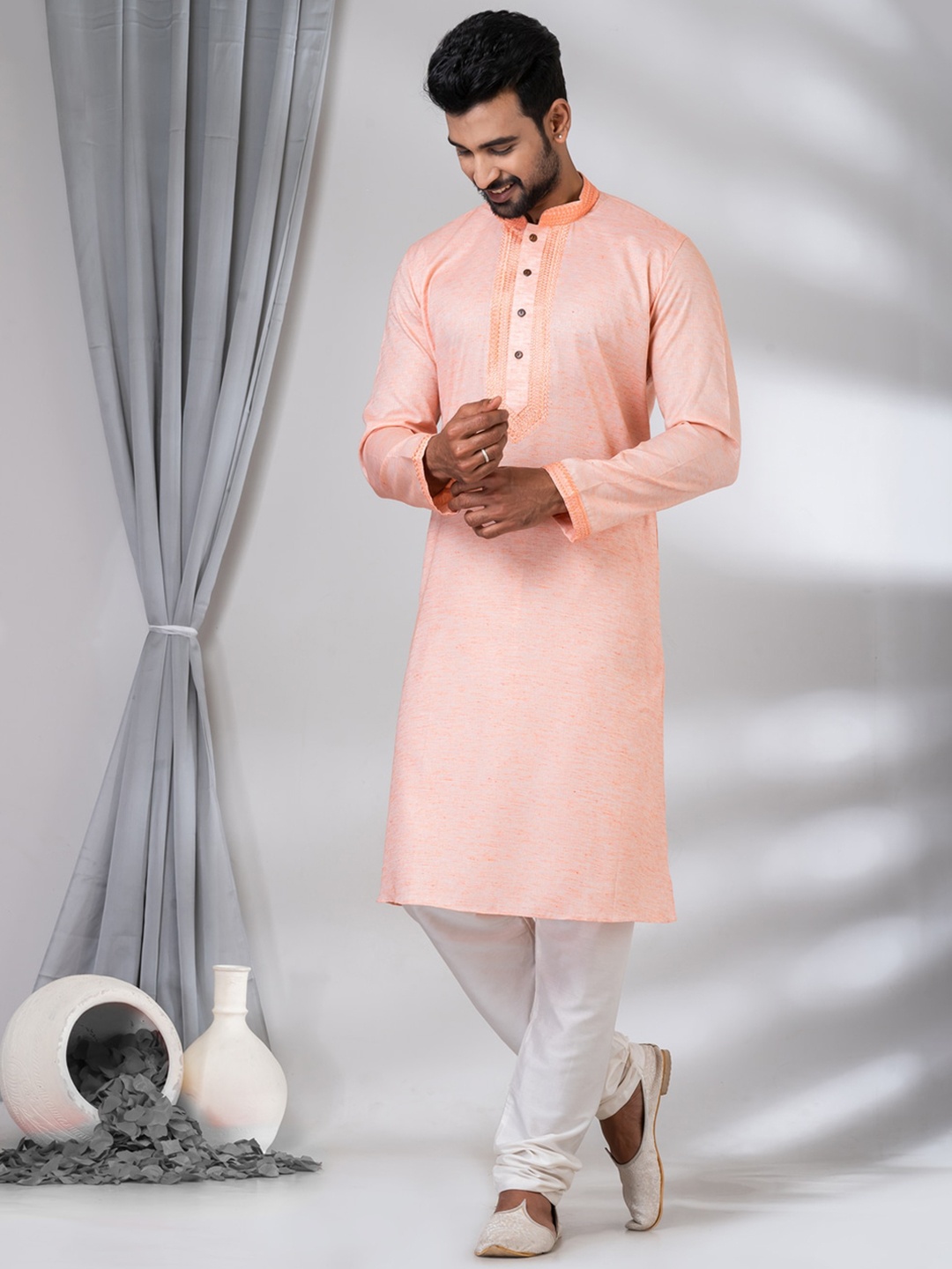 

HU - Handcrafted Uniquely Embroidered Mandarin Collar Thread Work Dobby Kurta, Peach