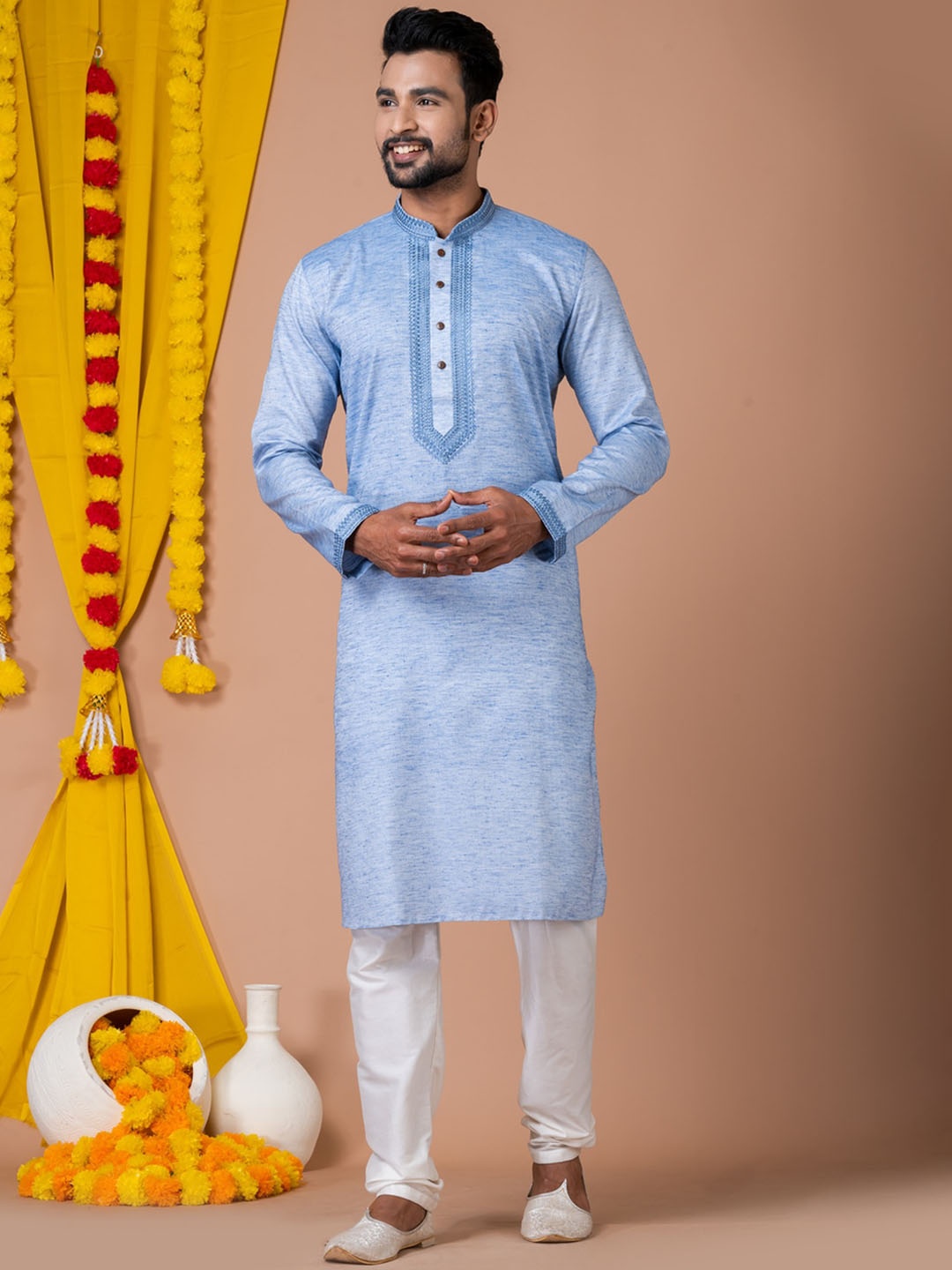 

HU - Handcrafted Uniquely Embroidered Mandarin Collar Thread Work Dobby Kurta, Blue