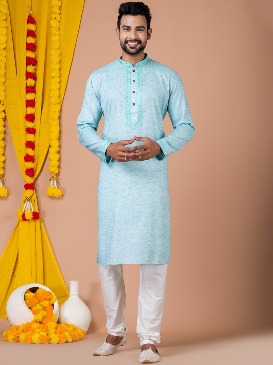 

HU - Handcrafted Uniquely Mandarin Collar Thread Work Detailed Dobby Cotton Straight Kurta, Blue
