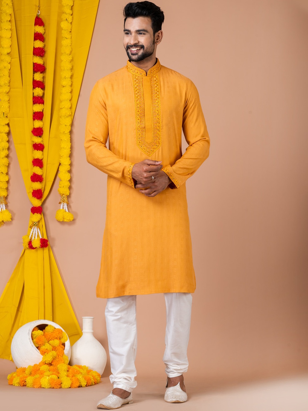 

HU - Handcrafted Uniquely Embroidered Mandarin Collar Thread Work Dobby Kurta, Yellow