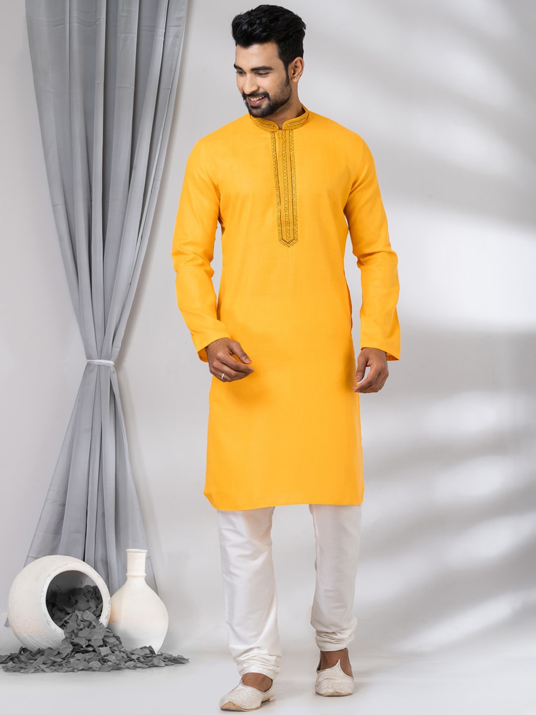 

HU - Handcrafted Uniquely Mandarin Collar Long Sleeves Straight Cotton Thread Work Kurta, Yellow