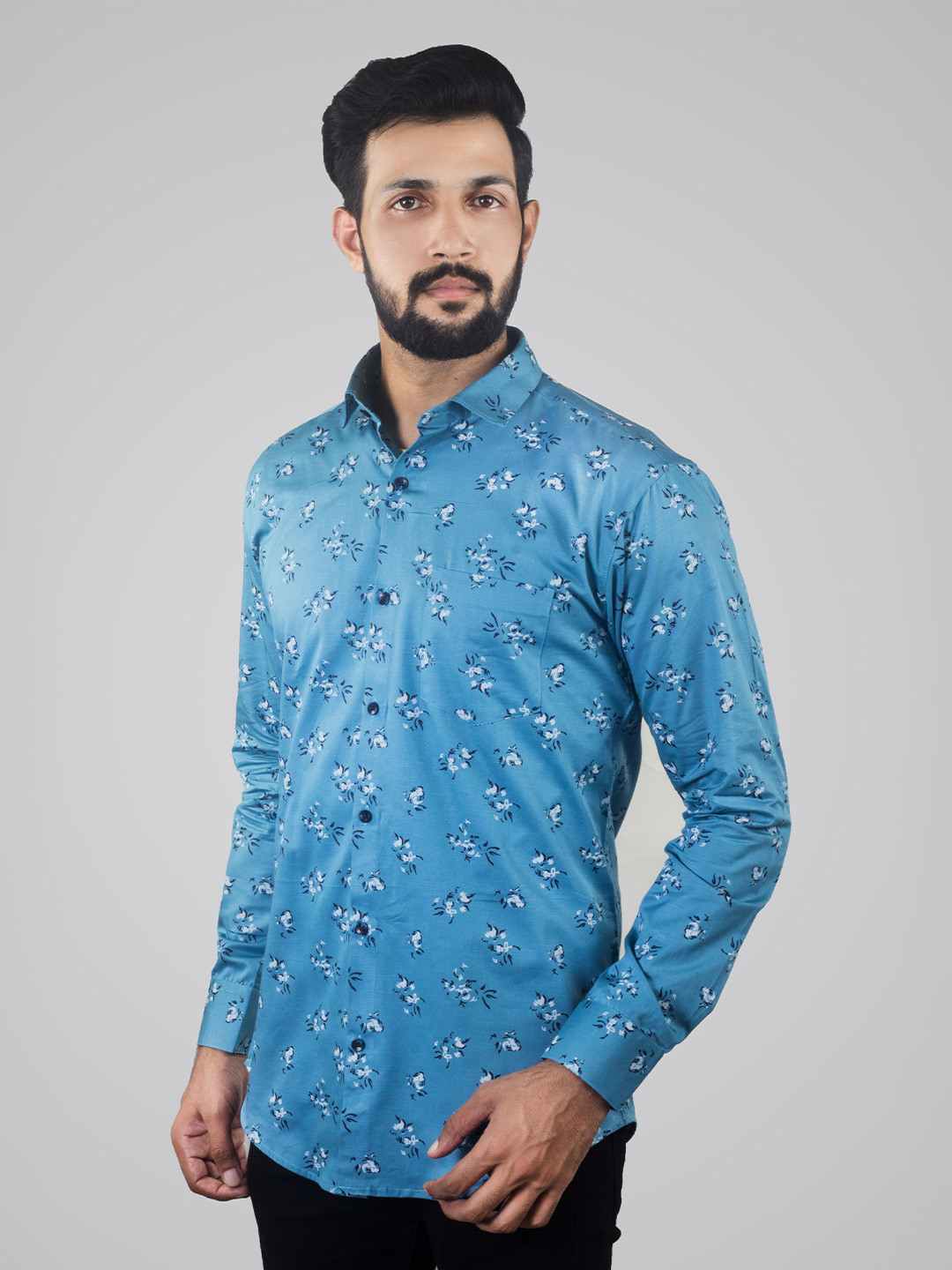 

INDIAN THREADS Comfort Floral Printed Spread Collar Cotton Casual Shirt, Blue