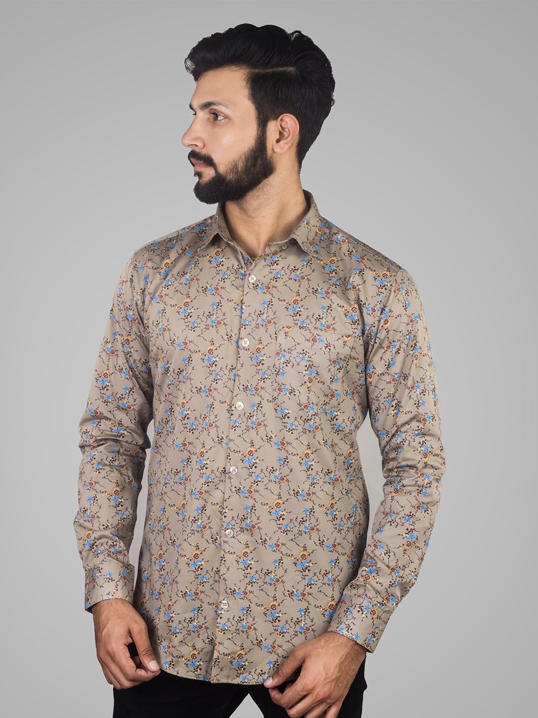 

INDIAN THREADS Comfort Floral Printed Spread Collar Cotton Casual Shirt, Brown