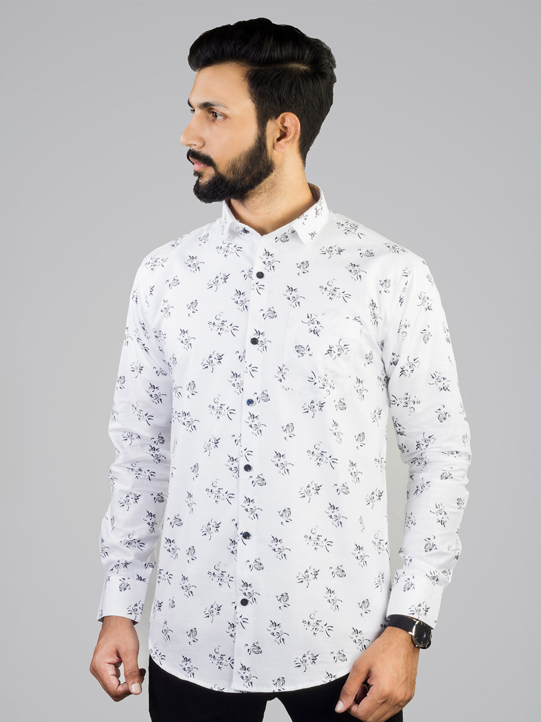 

INDIAN THREADS Comfort Floral Printed Spread Collar Cotton Casual Shirt, White