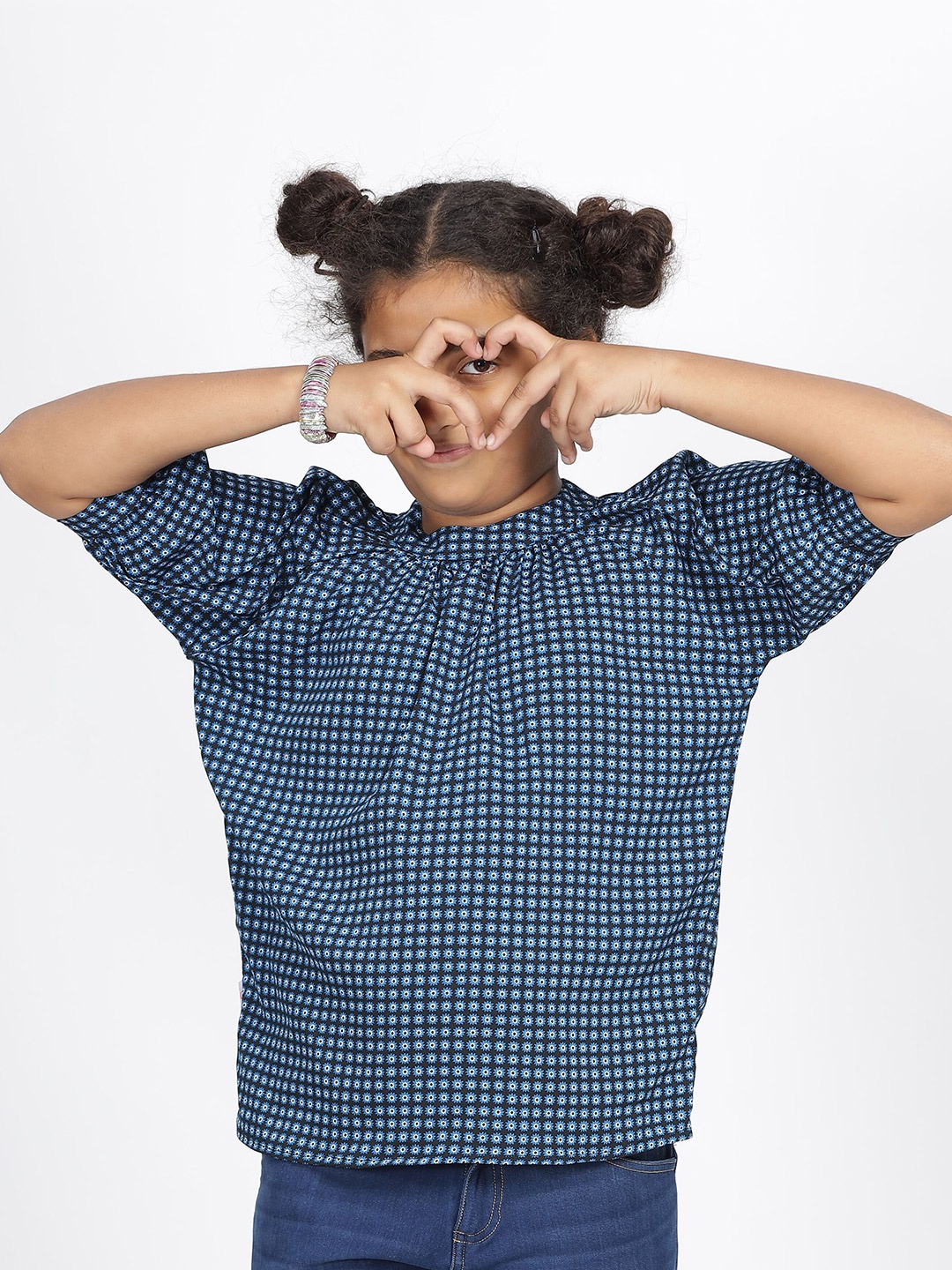 

IDAA Girls Round Neck Checked Crepe Top, Black