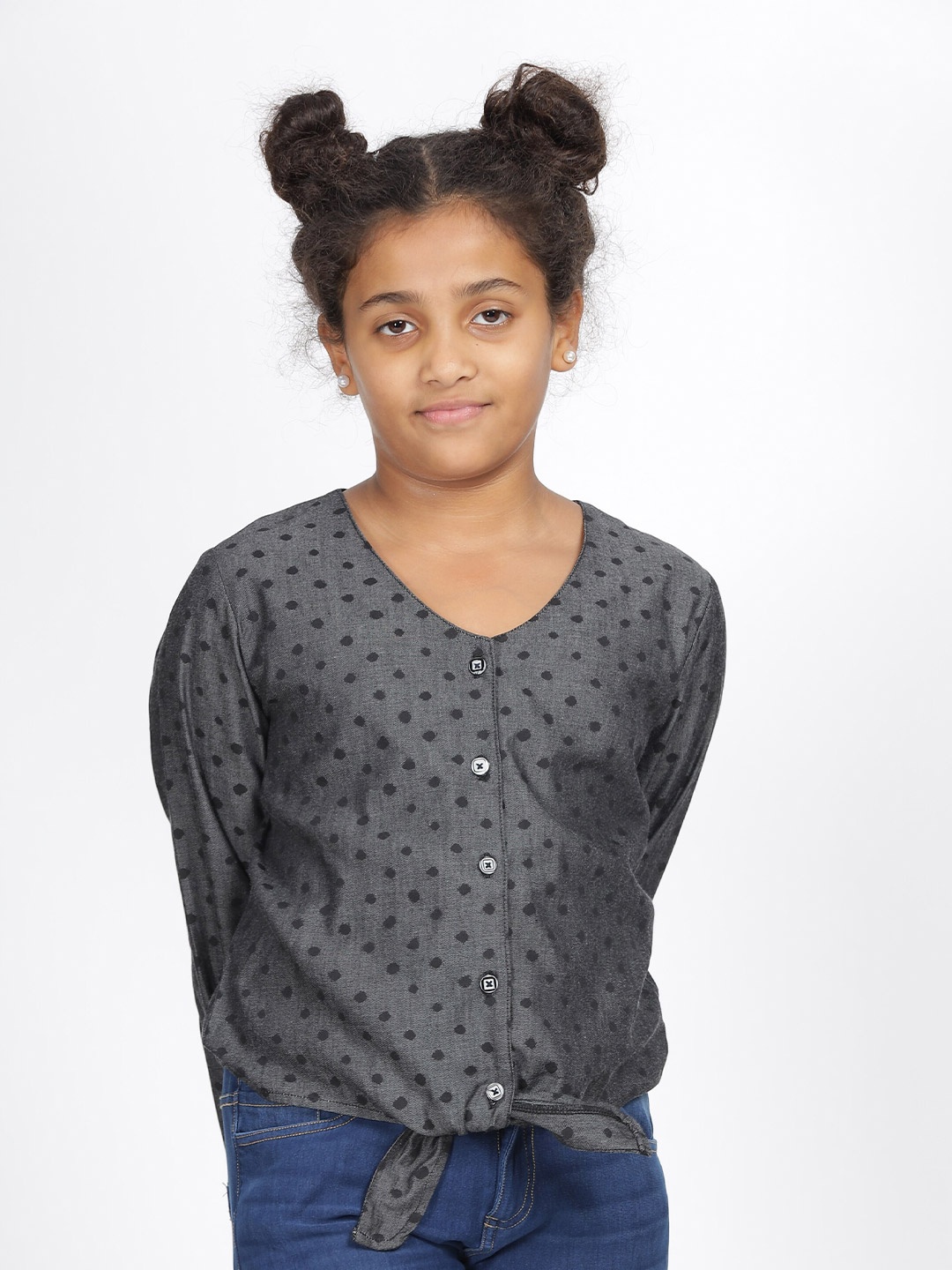 

IDAA Girls V-Neck Geometric Print Cotton Denim Shirt Style Top, Black