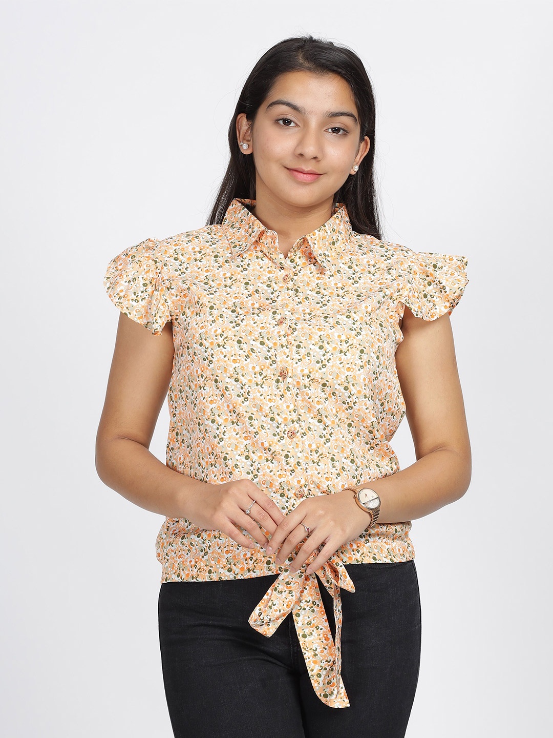 

IDAA Floral Printed Shirt Collar Flutter Sleeves Tie-Up Detailed Shirt Style Top, Beige