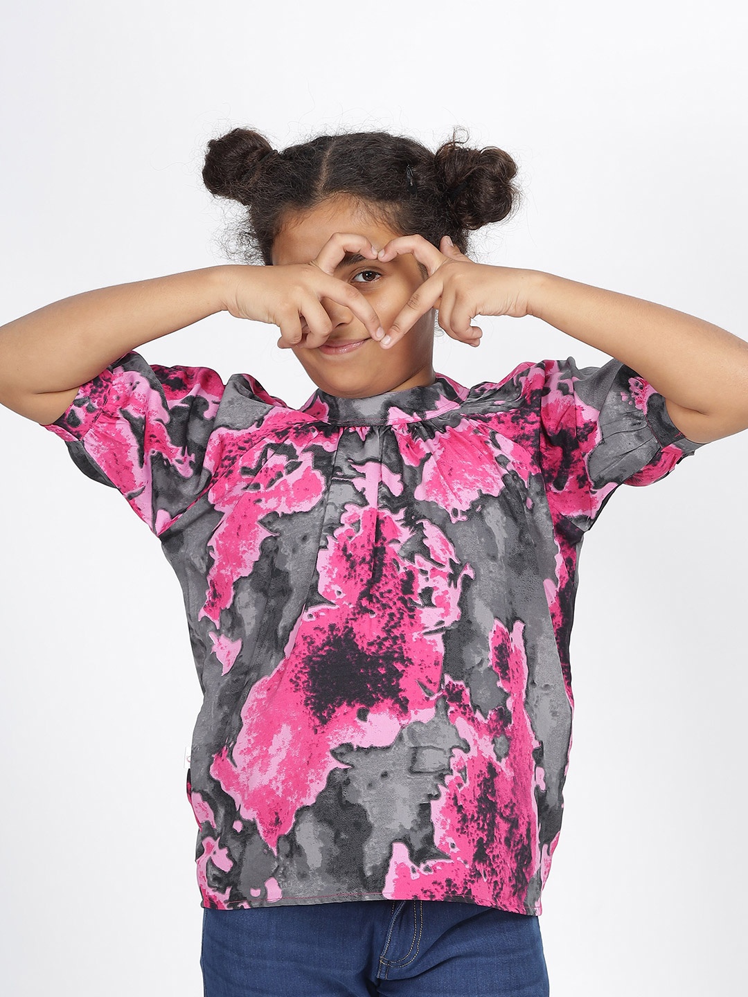 

IDAA Girls Floral Printed High Neck Puff Sleeves Gathered Detailed Top, Pink