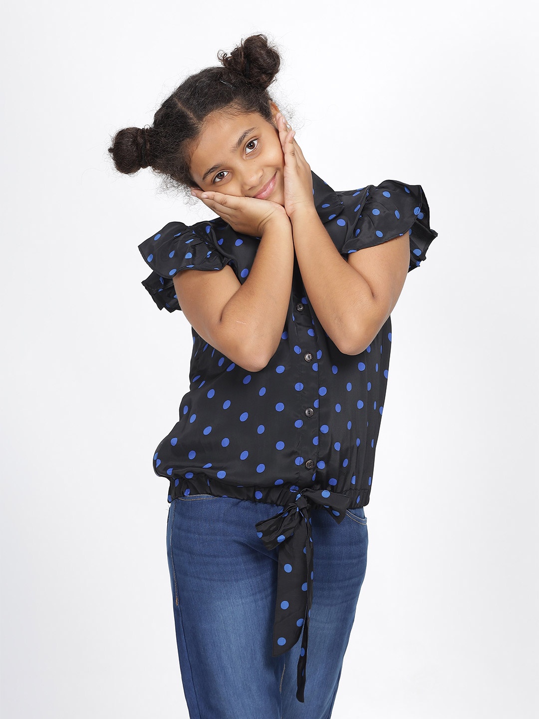 

IDAA Girls Shirt Collar Polka Dot Print Crepe Blouson Top, Black