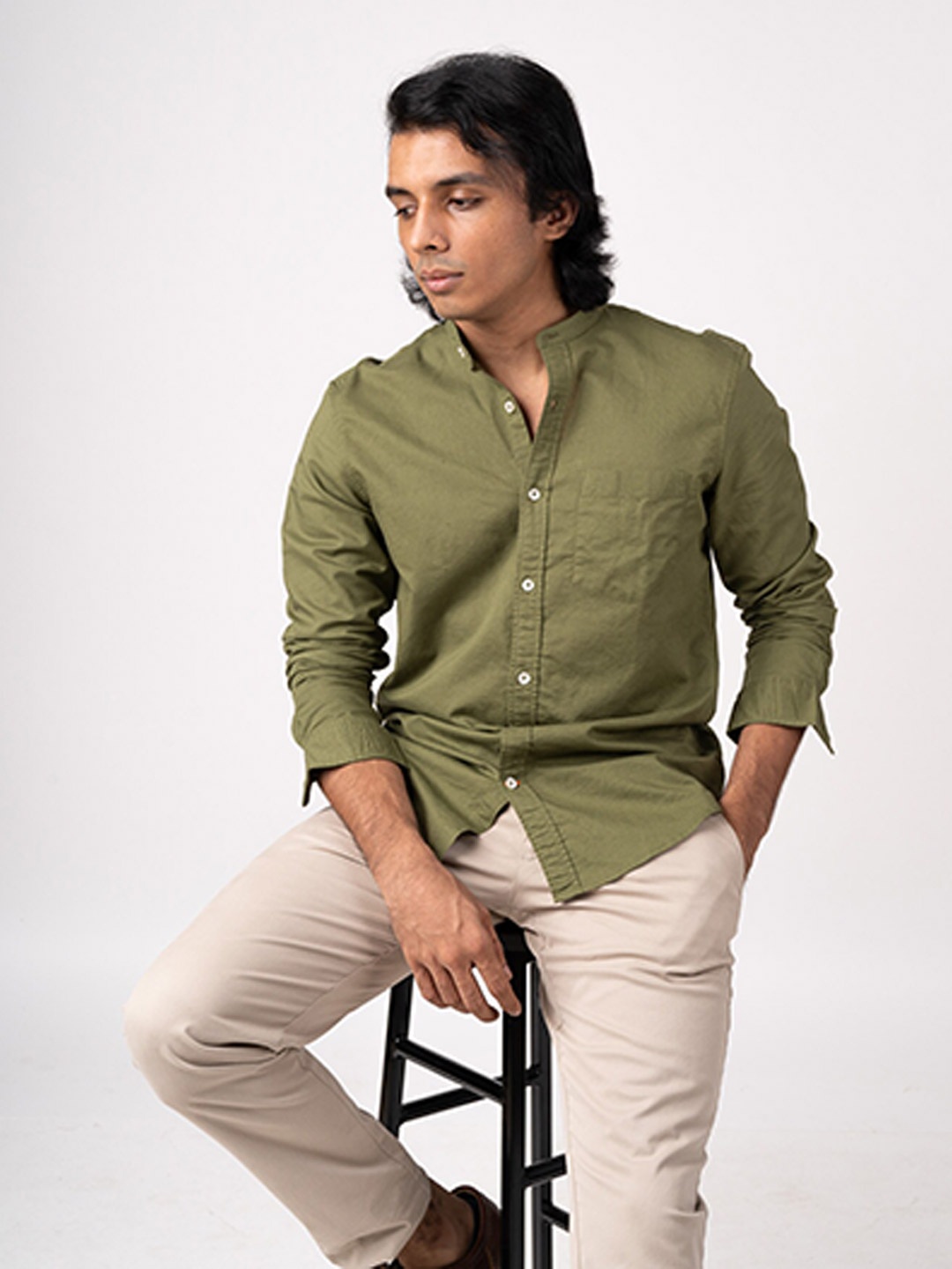 

BARE BROWN Solid Mandarin Collar Cotton Casual Shirt, Olive