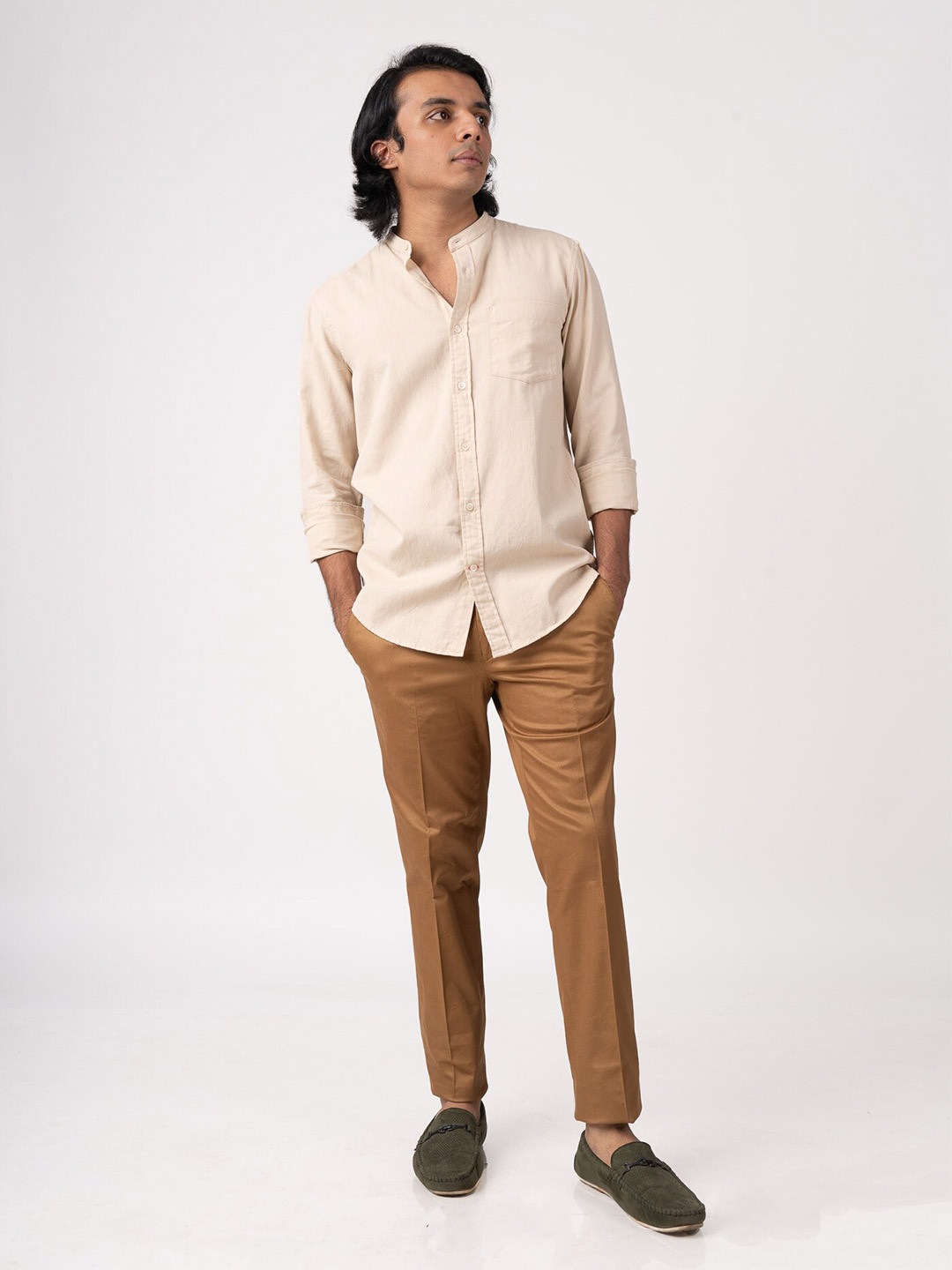 

BARE BROWN Solid Mandarin Collar Cotton Casual Shirt, Beige