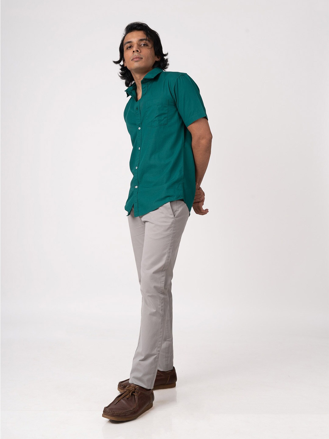 

BARE BROWN Solid Cotton Shirt, Green