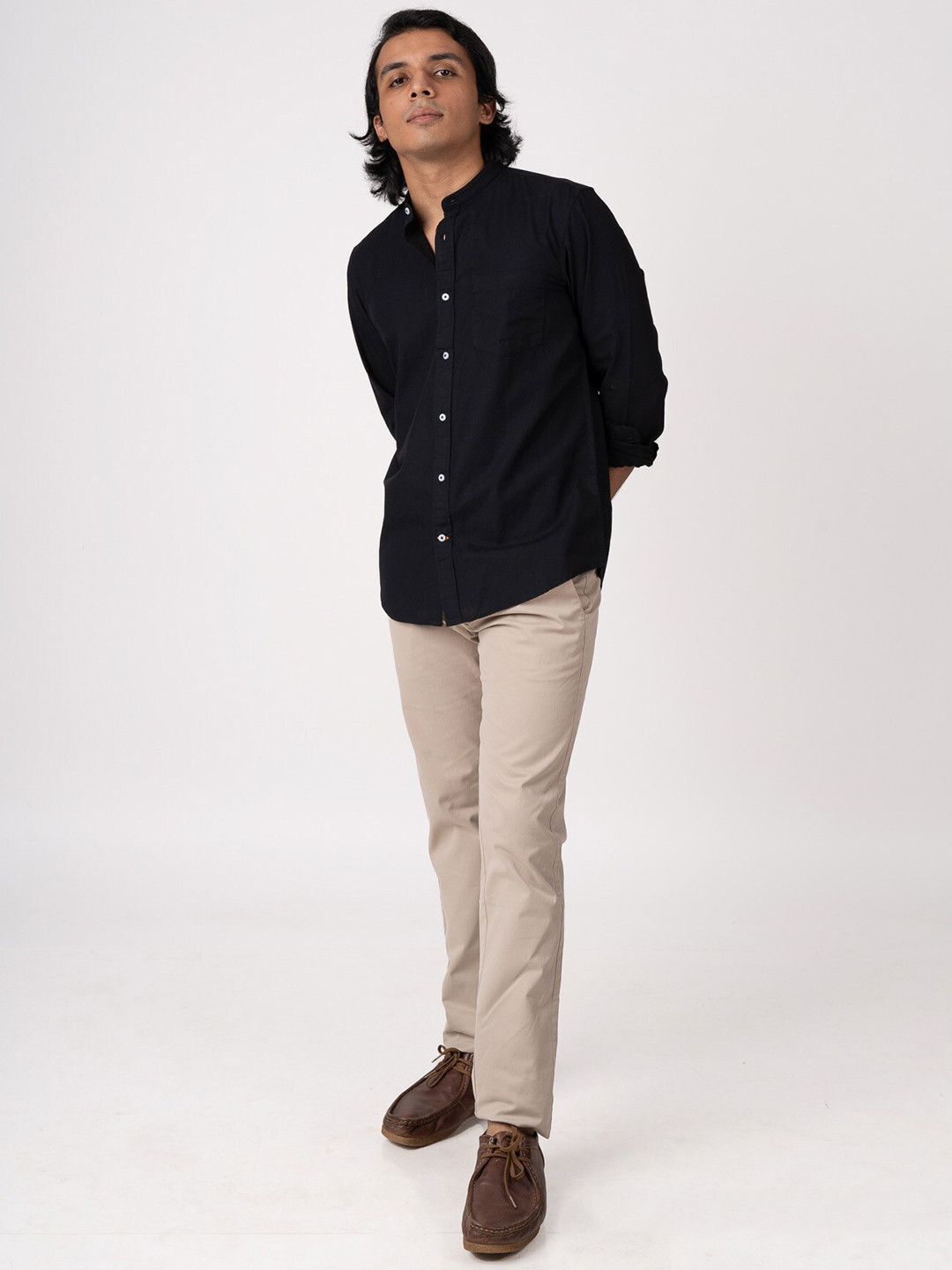 

BARE BROWN Mandarin Collar Cotton Shirt, Black