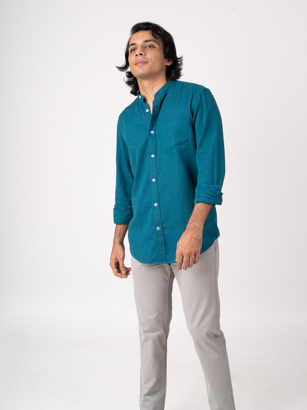 

BARE BROWN Solid Mandarin Collar Cotton Casual Shirt, Green