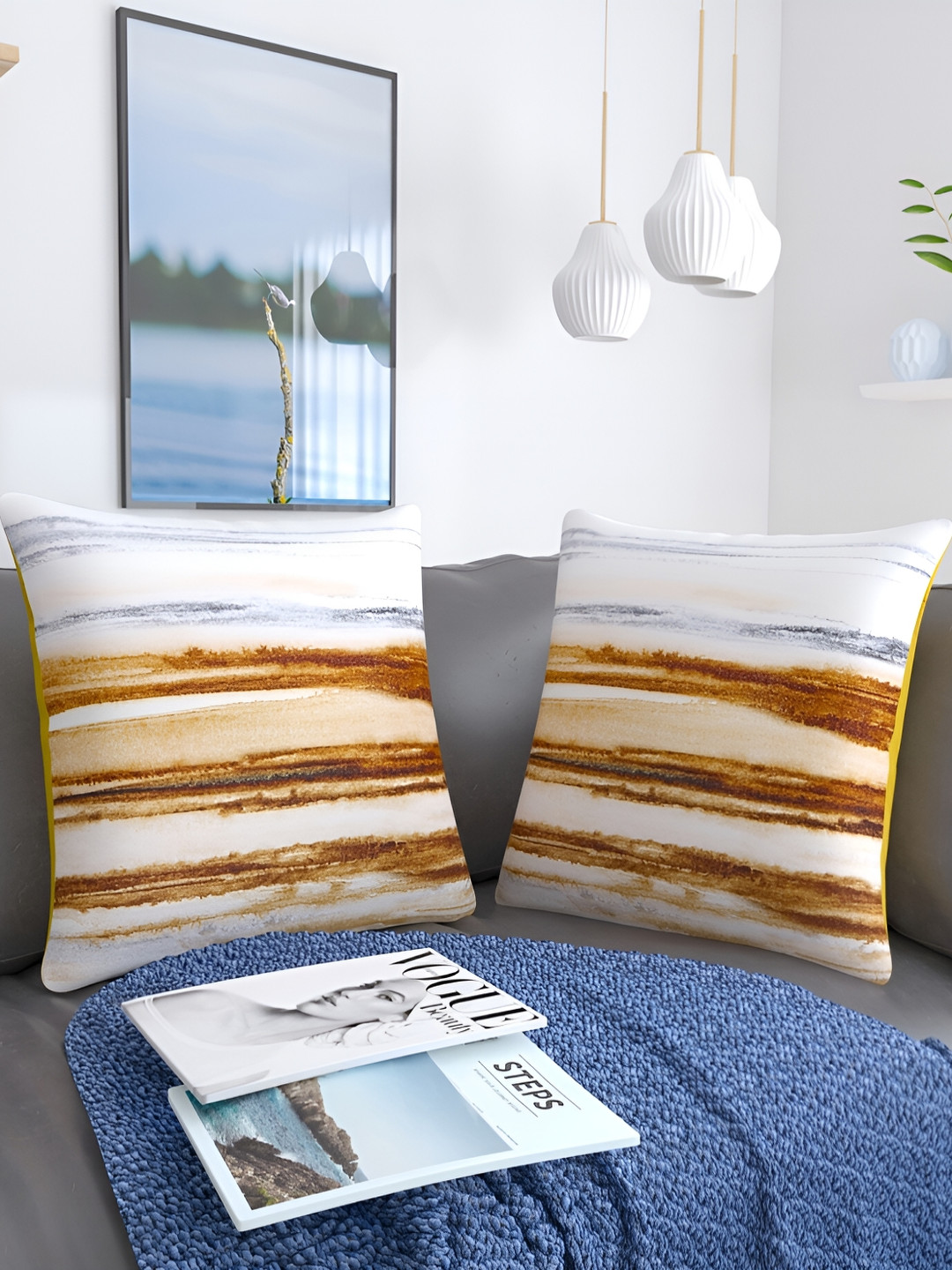 

MONKDECOR Brown & White 2 Pieces Abstract Printed Cotton Square Cushion Covers