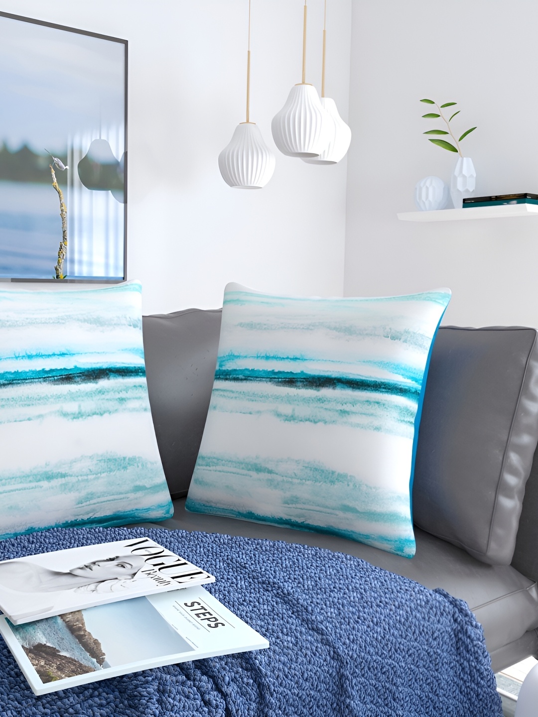 

MONKDECOR Teal & White 2 Pieces Striped Cotton Square Cushion Covers