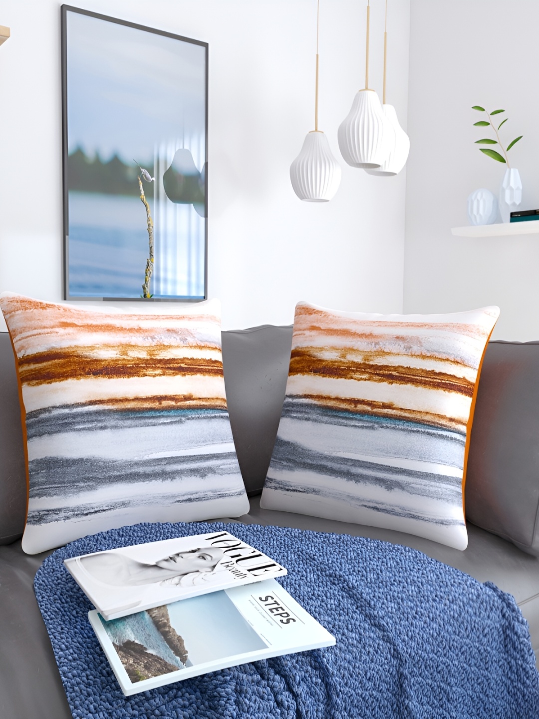 

MONKDECOR Copper Toned & White 2 Pieces Abstract Printed Cotton Square Cushion Covers