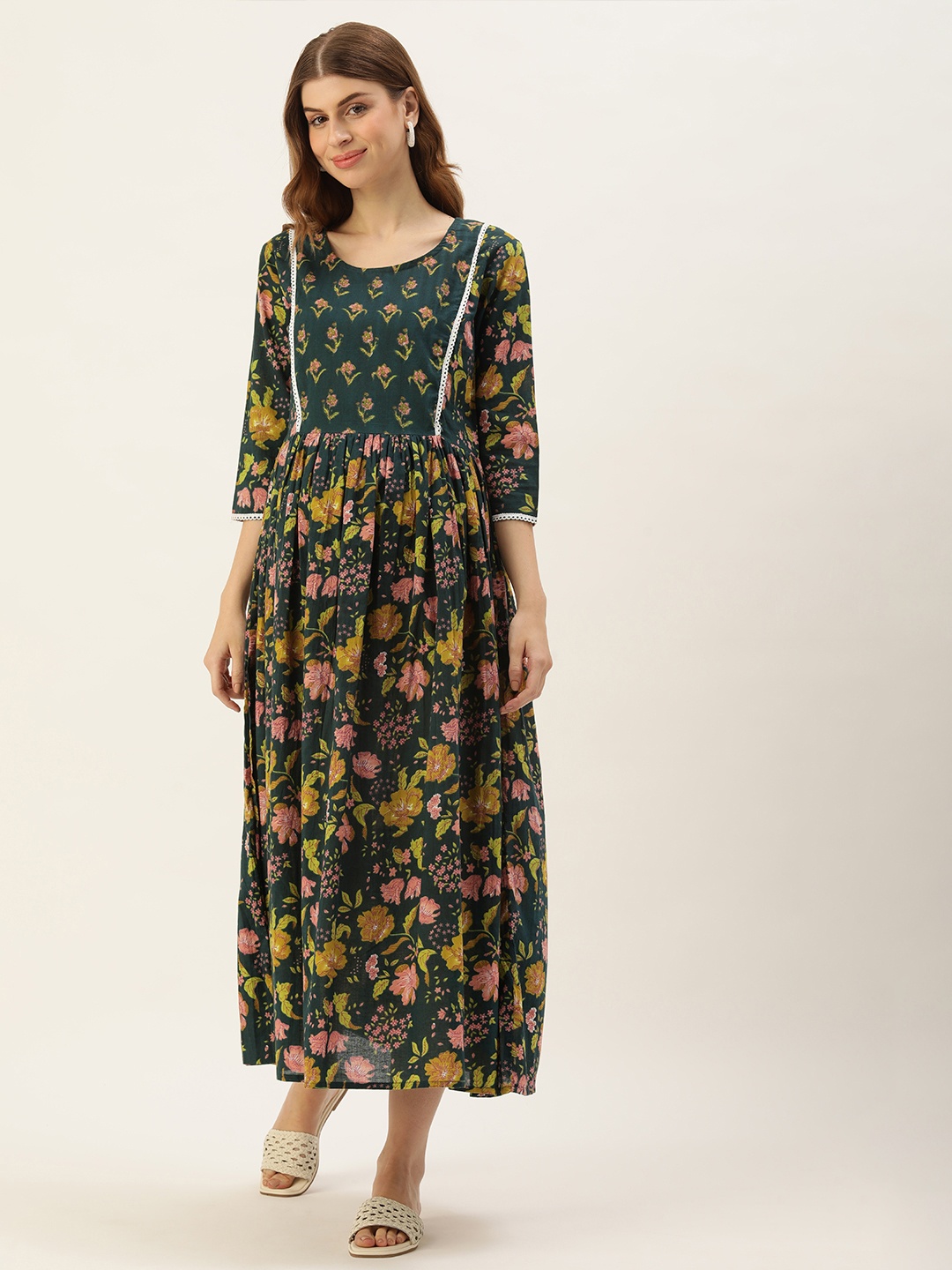 

Vinya Floral Print Maternity A-Line Midi Dress, Green