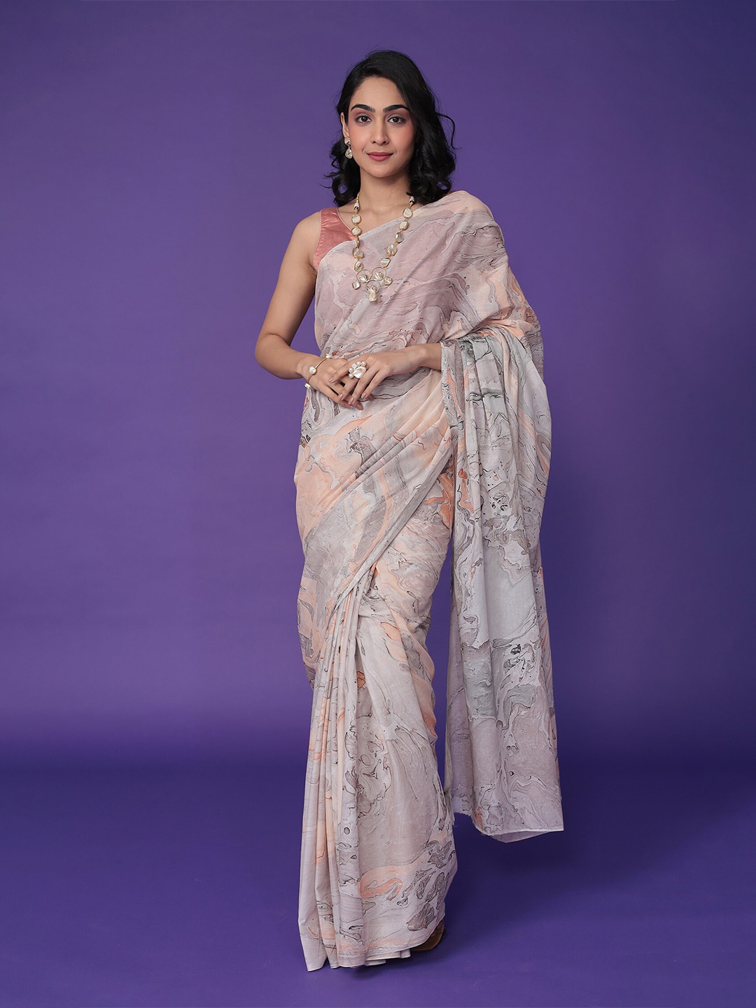 

ZARI Abstract Printed Pure Cotton Saree, Peach