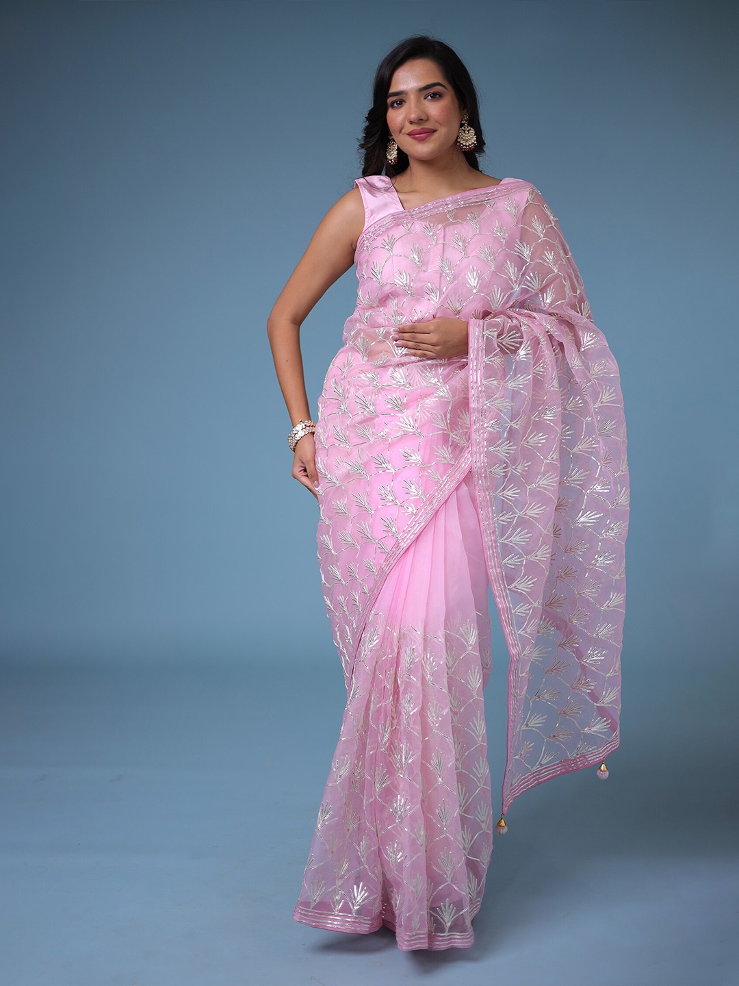 

ZARI Embellished Embroidered Organza Saree, Pink