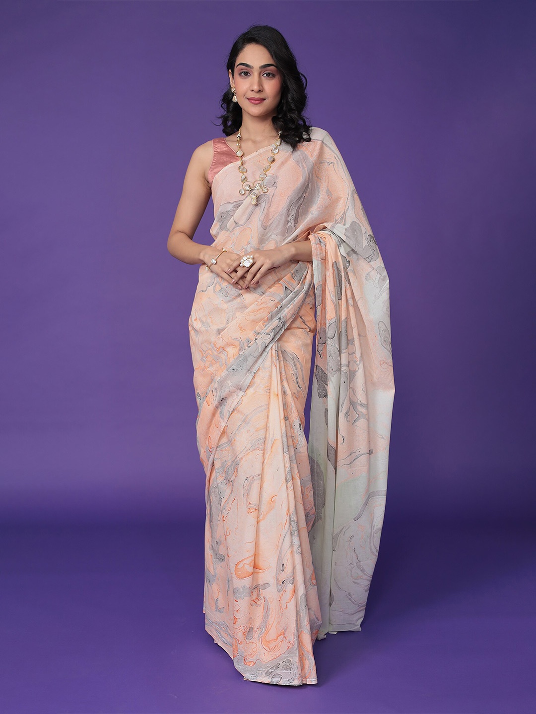 

ZARI Abstract Printed Pure Cotton Saree, Peach