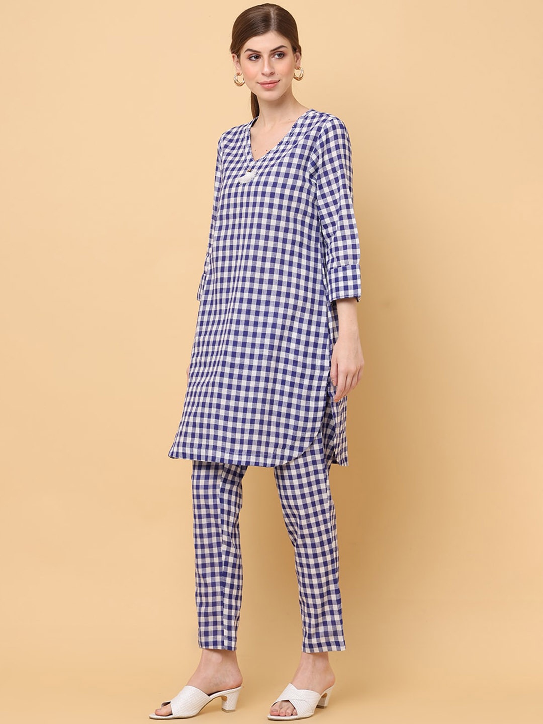 

aayusika Checked Pure Cotton Tunic & Trousers Co-Ords, Blue