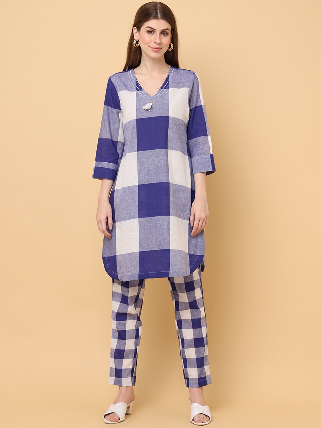 aayusika Checked Pure Cotton Tunic With Trousers Co-Ords, Blue