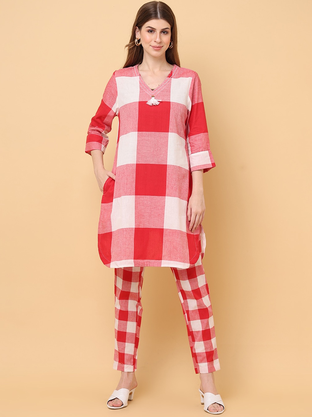 

aayusika Checked Pure Cotton Tunic & Trousers Co-Ords, Red