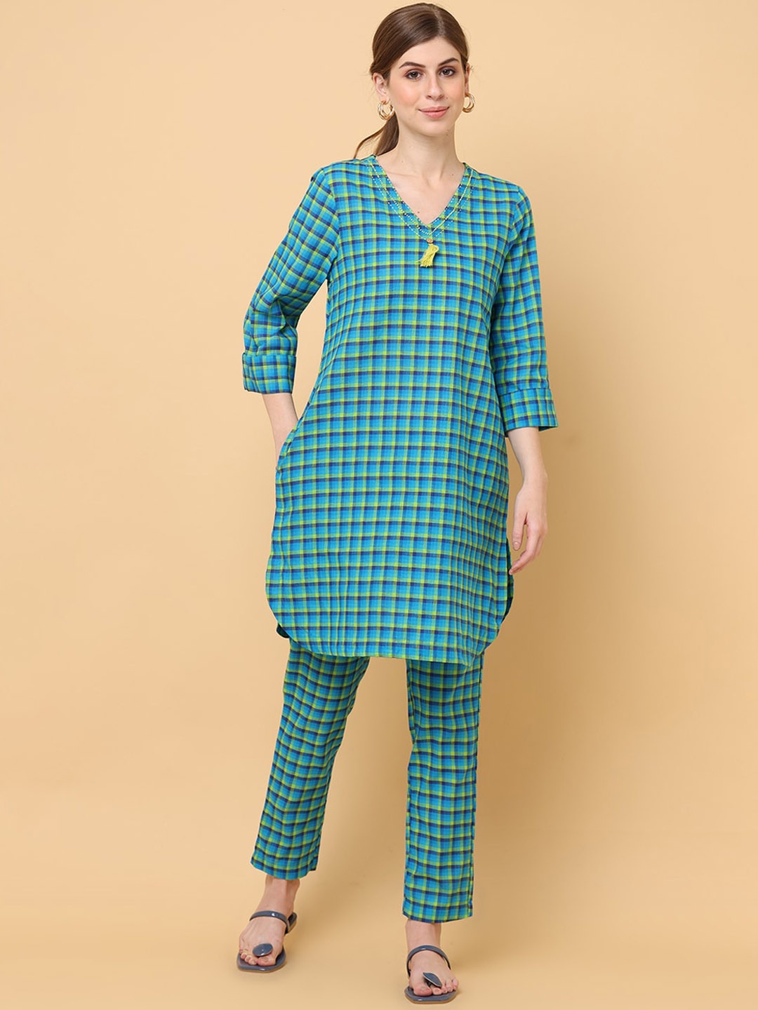 

aayusika Checked Pure Cotton Tunic With Trousers Co-Ords, Teal