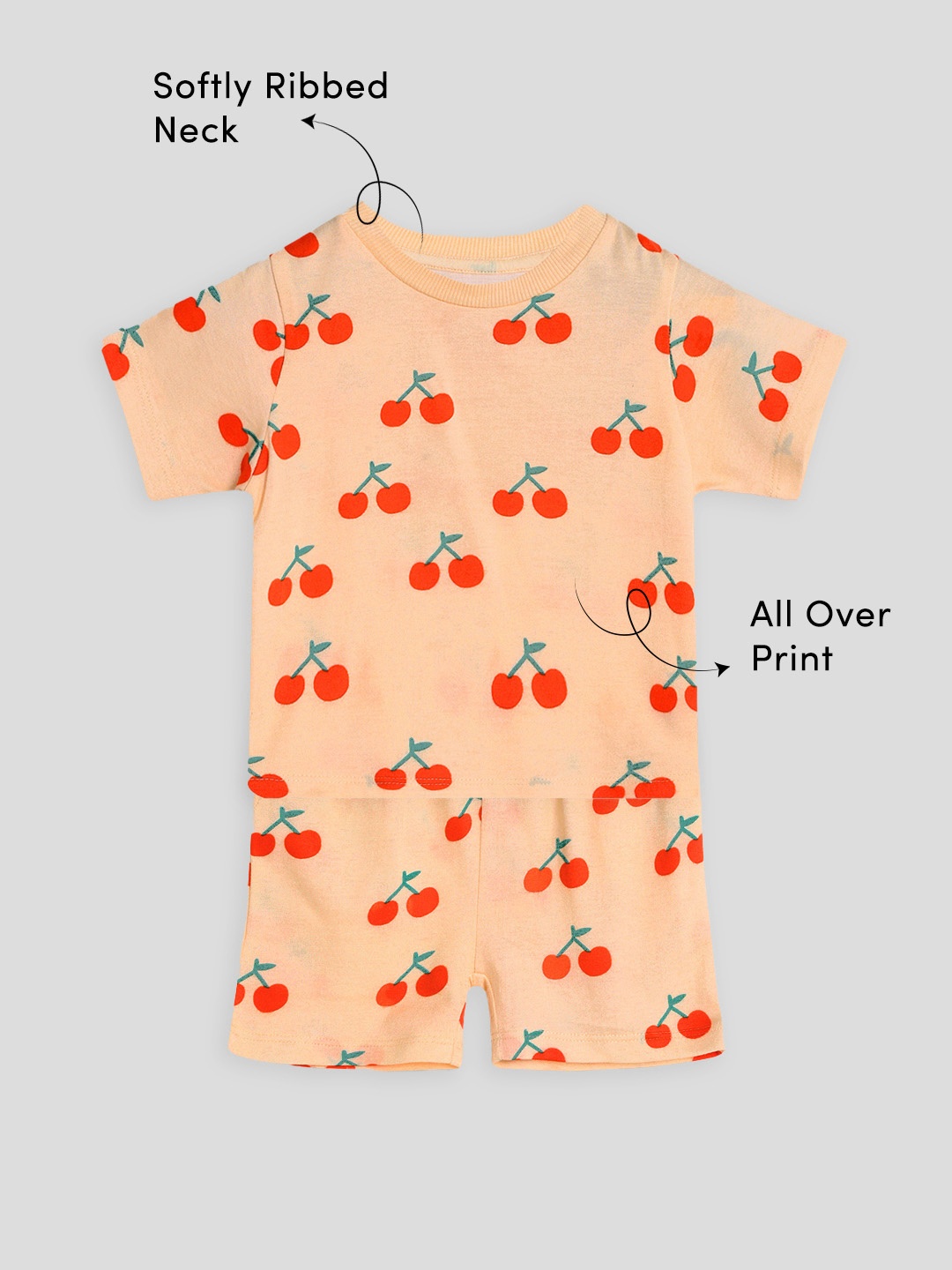 

Somersault Boys Cherry Printed Round Neck Pure Cotton T-shirt with Shorts, Orange