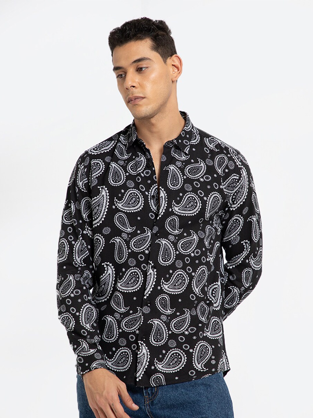 

Banana Club Classic Slim Fit Paisley Printed Satin Casual Shirt, Black