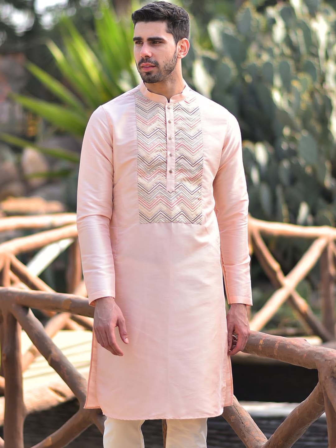 

HOUSE OF DEYANN Yoke Design Sequinned Silk Straight Kurta, Peach