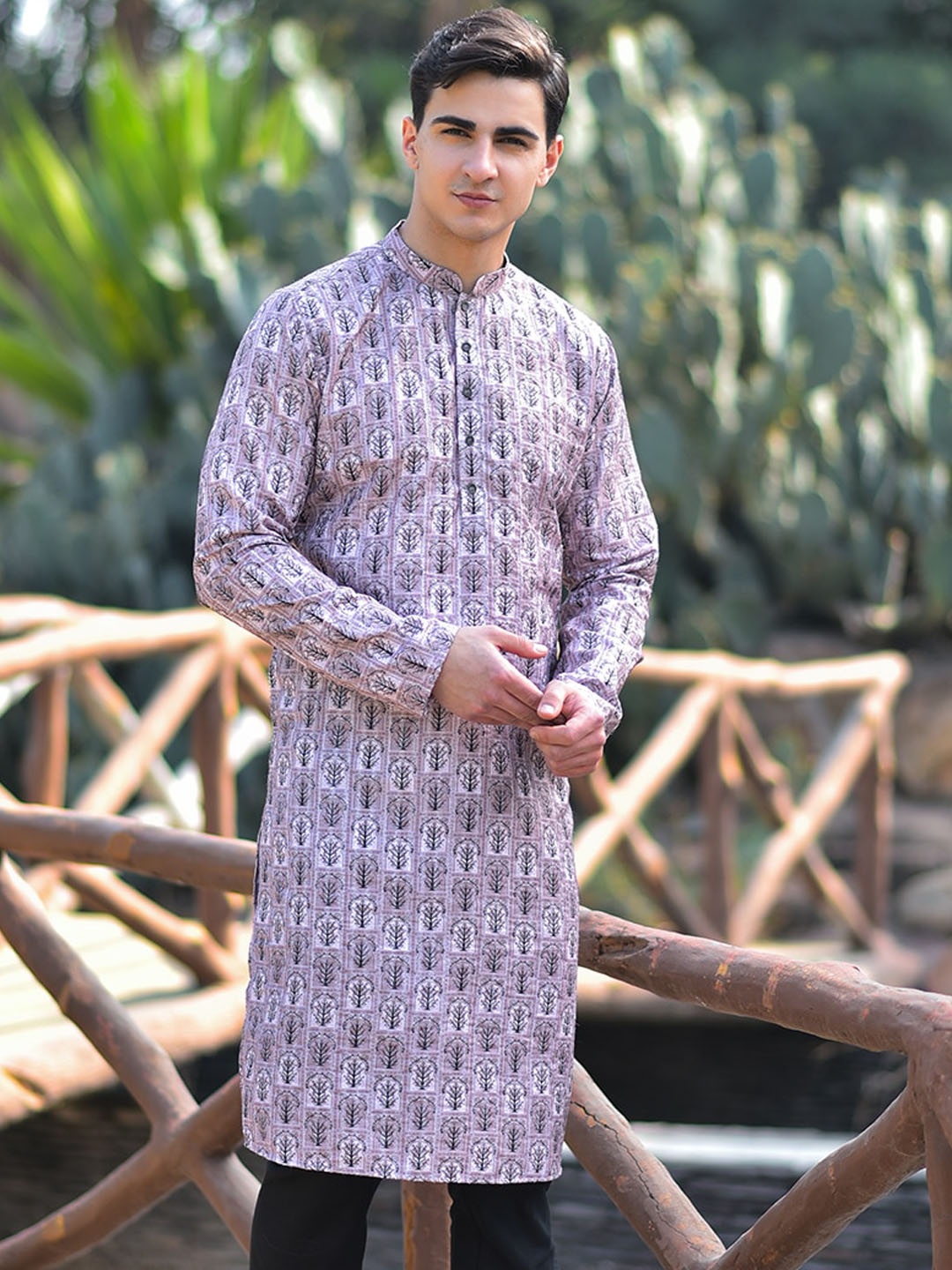 

HOUSE OF DEYANN Floral Printed Mandarin Collar Cotton Silk Kurta, Brown