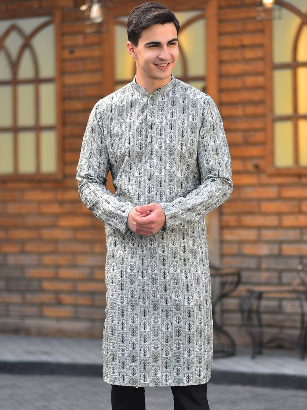 

HOUSE OF DEYANN Floral Printed Mandarin Collar Cotton Silk Kurta, Green