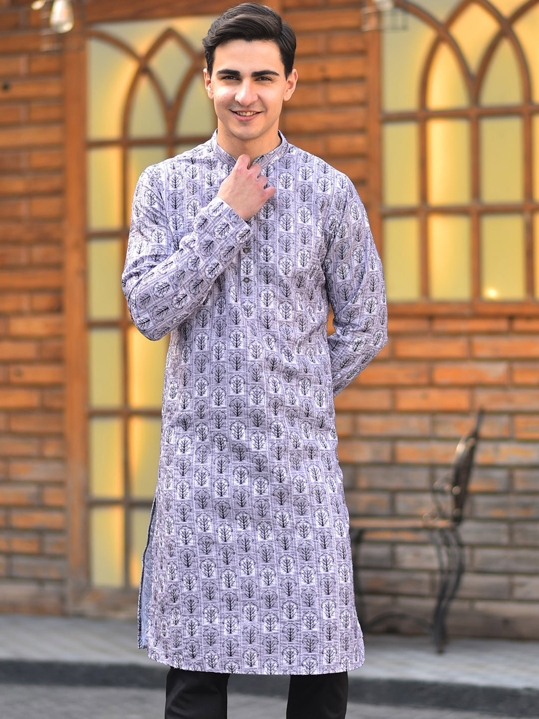 

HOUSE OF DEYANN Floral Printed Mandarin Collar Cotton Silk Kurta, Purple