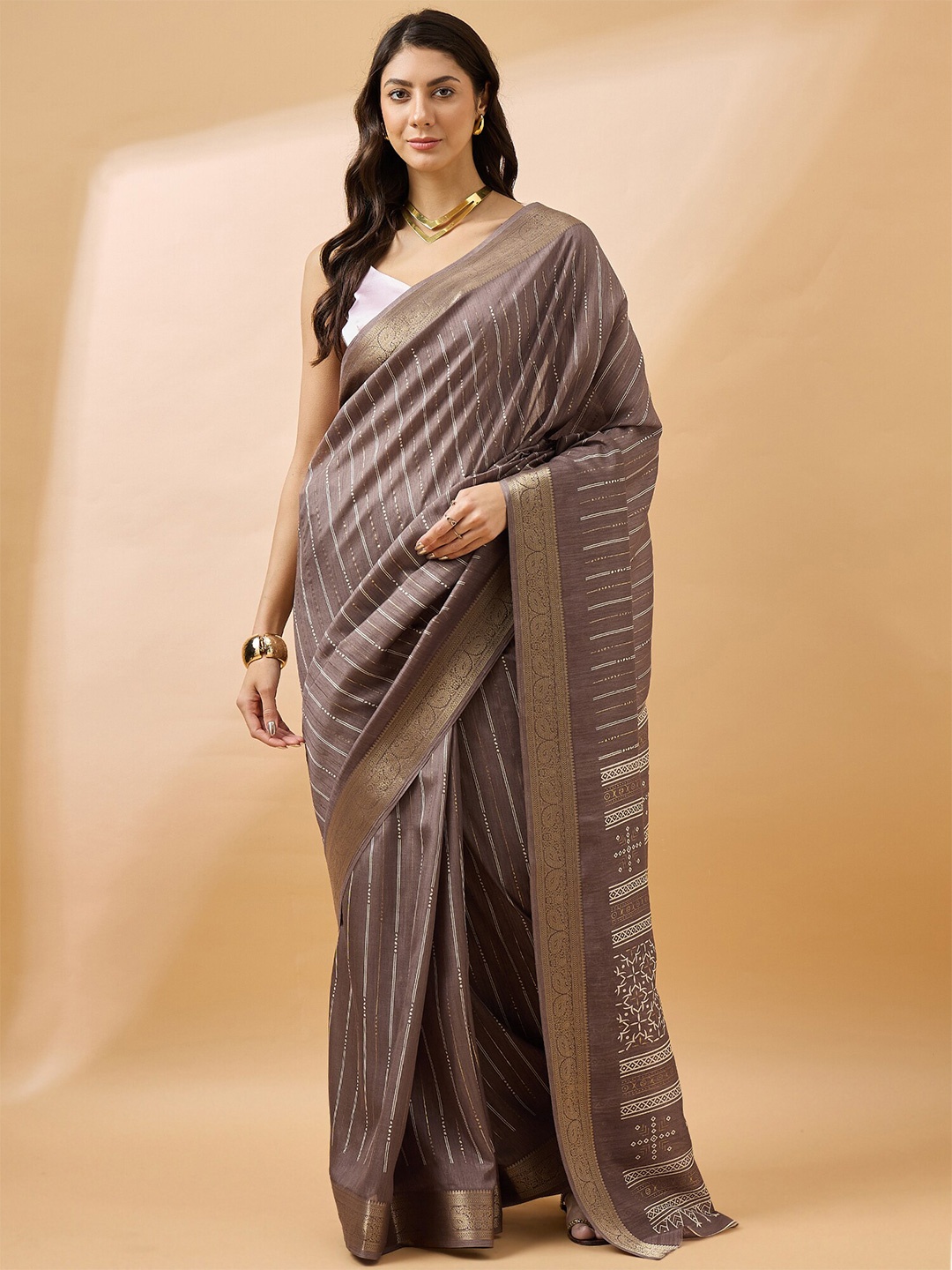 

all about you Zari Silk Cotton Bandhani Saree, Brown