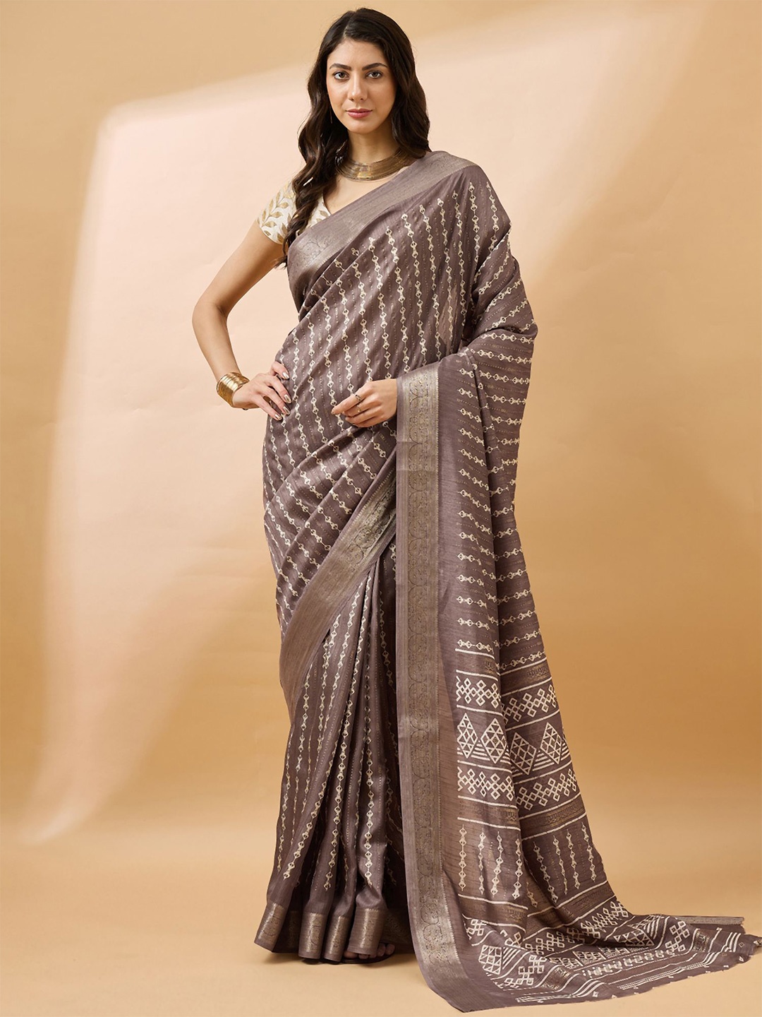 

all about you Zari Silk Cotton Bandhani Saree, Brown