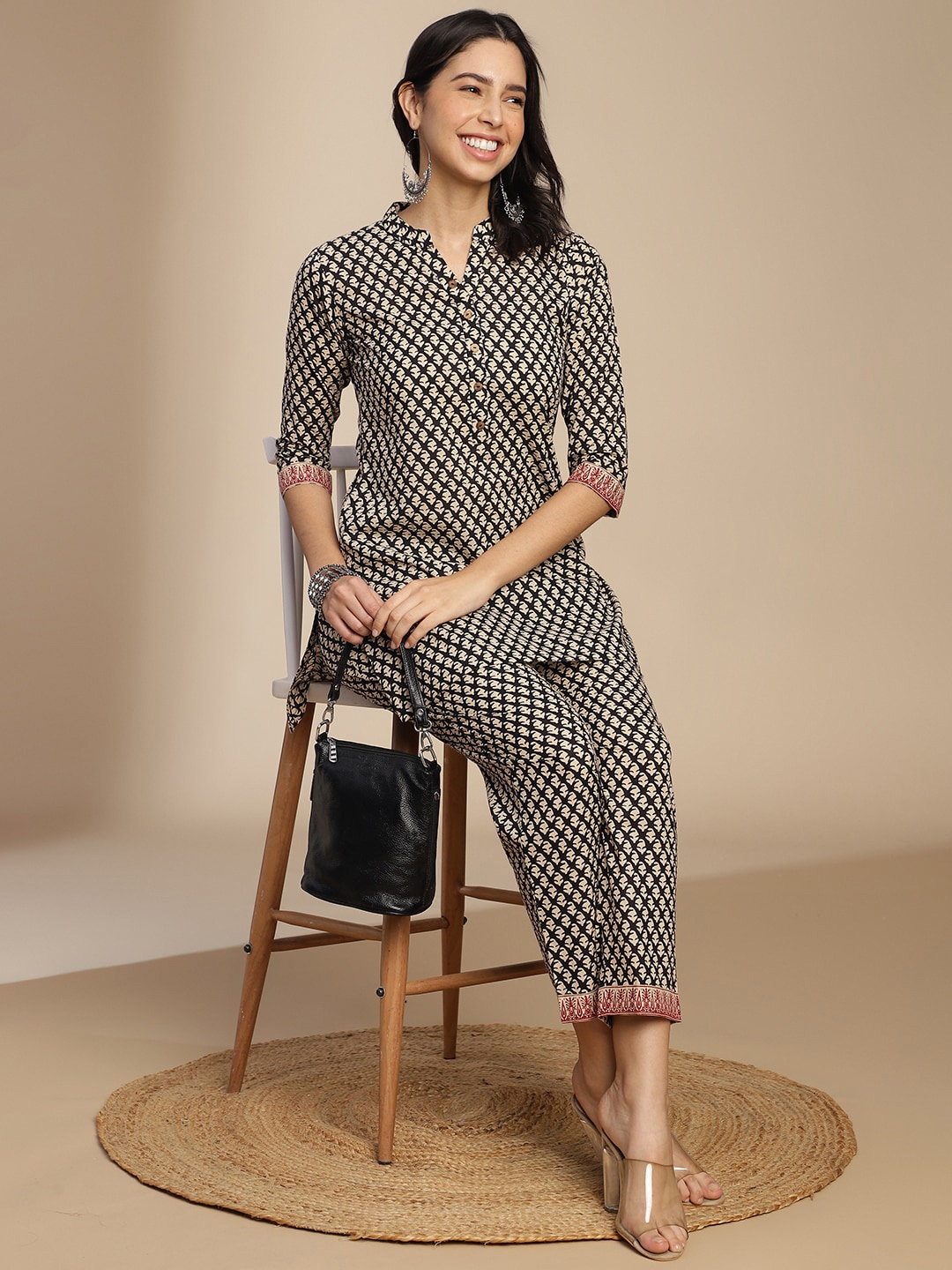 

HRITIKA Ethnic Motifs Printed Mandarin Collar Top With Trousers, Beige