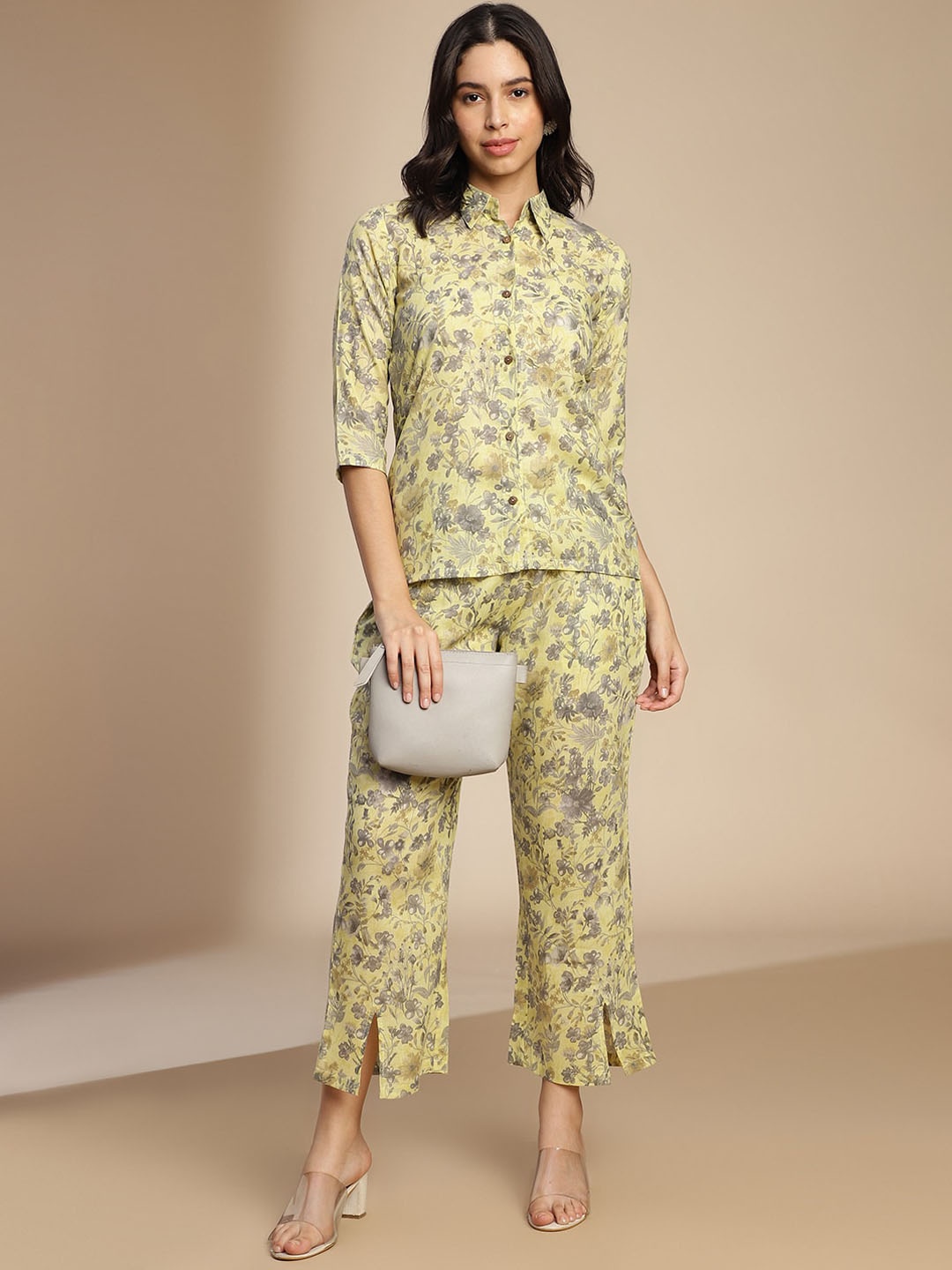 

HRITIKA Floral Printed Shirt Collar Top With Trousers, Yellow