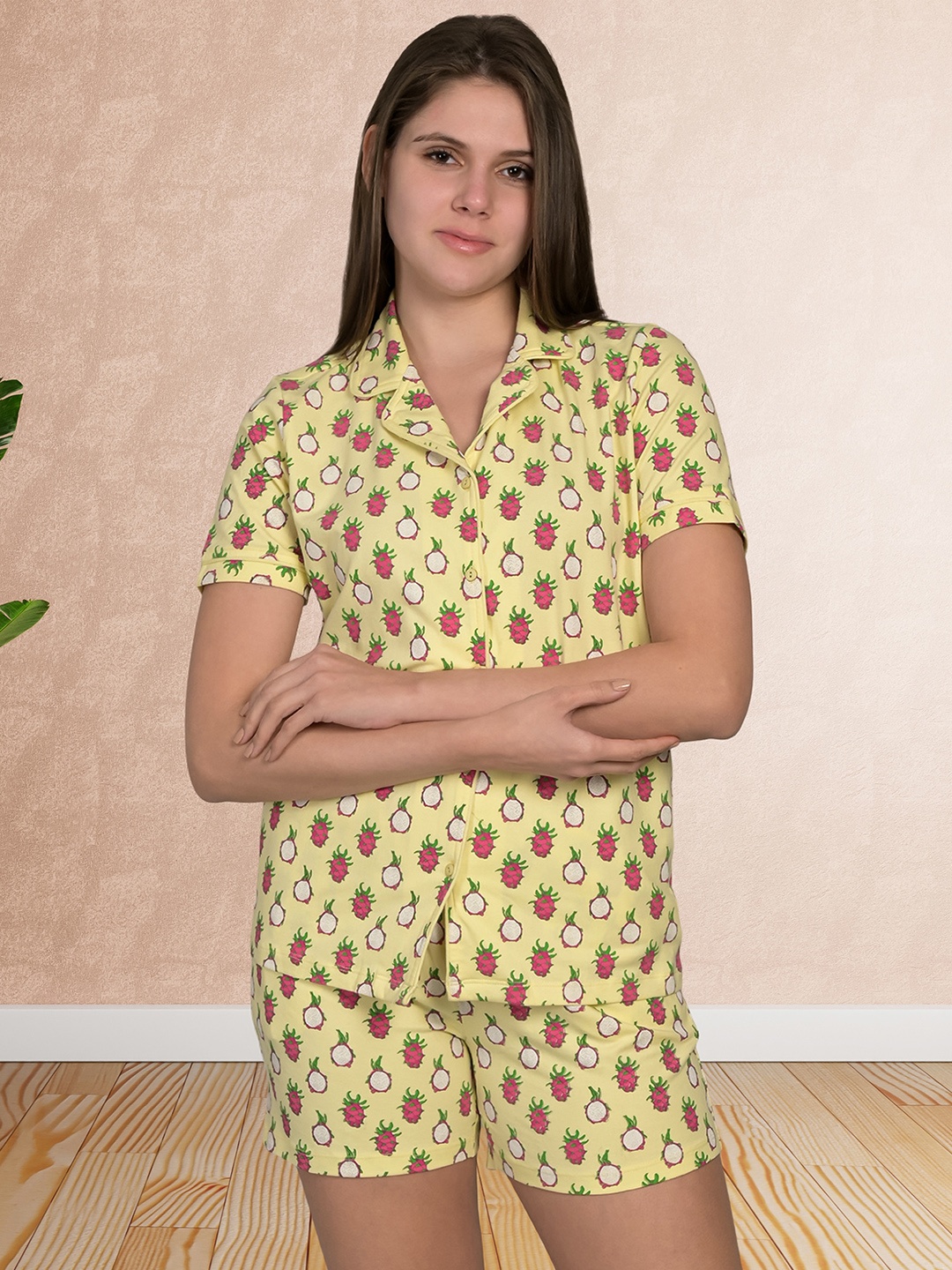 

MAYSIXTY Geometric Printed Pure Cotton Shirt With Shorts, Yellow