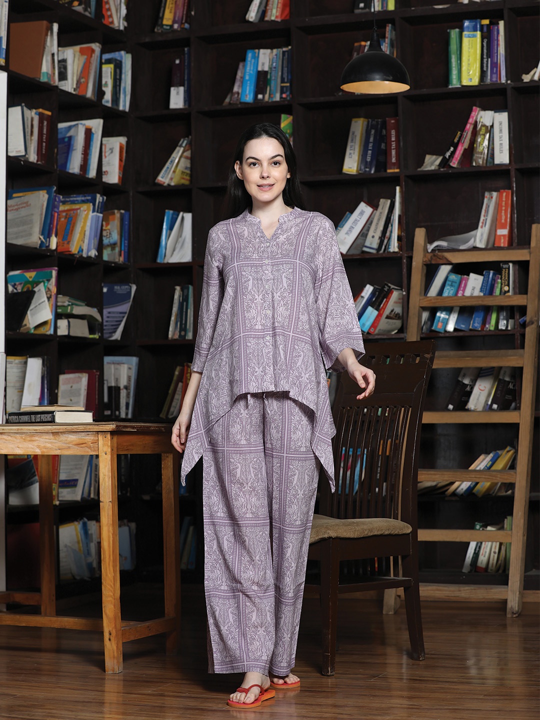 

MAYSIXTY Printed Mandarin Collar Tunic With Trousers, Purple