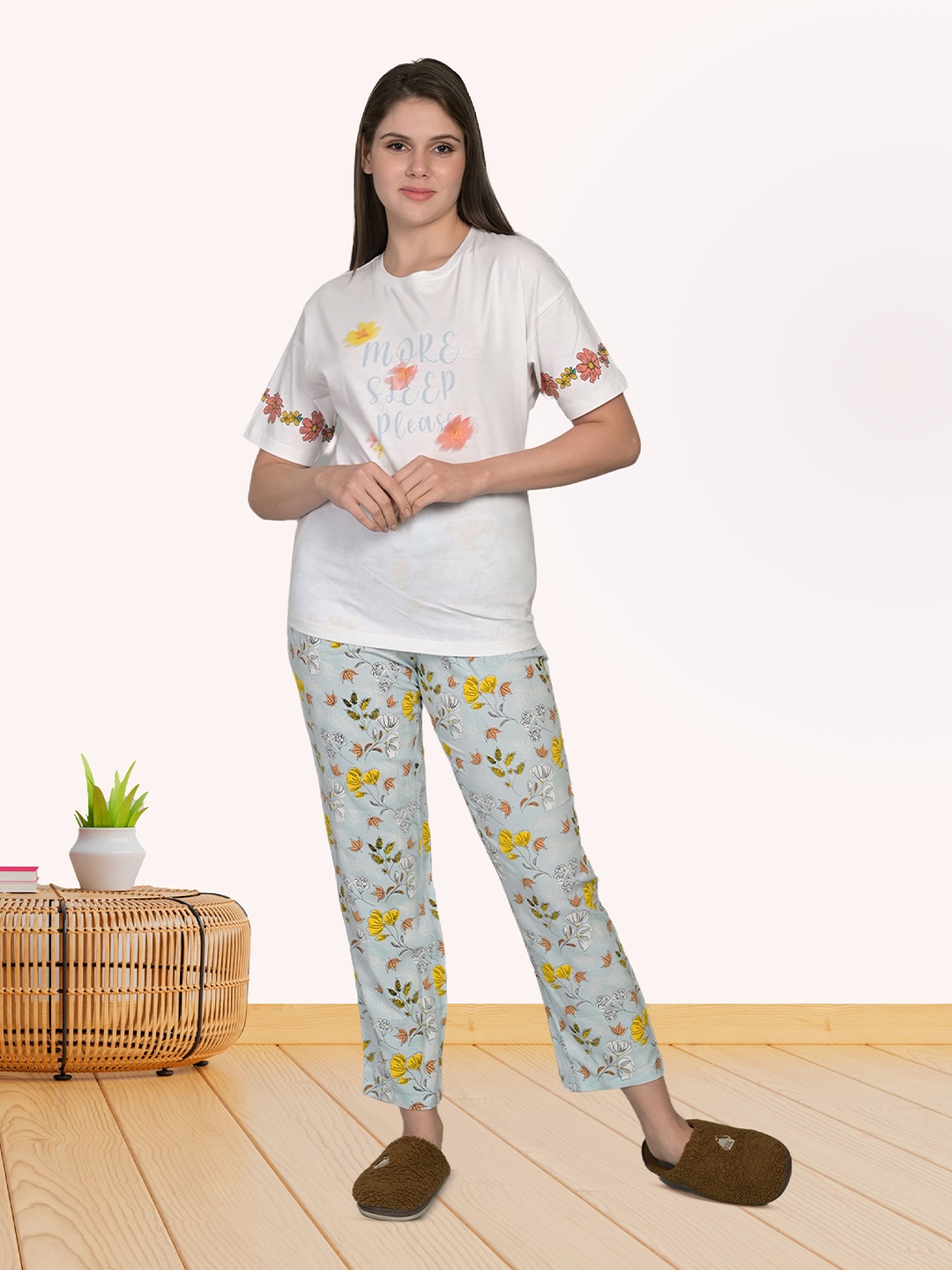

MAYSIXTY Floral Printed Pure Cotton T-shirt With Pyjamas, Blue