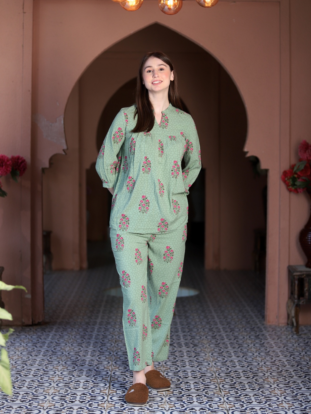 

MAYSIXTY Printed Rayon Mandarin Collar Tunic With Trousers Co-Ords, Green