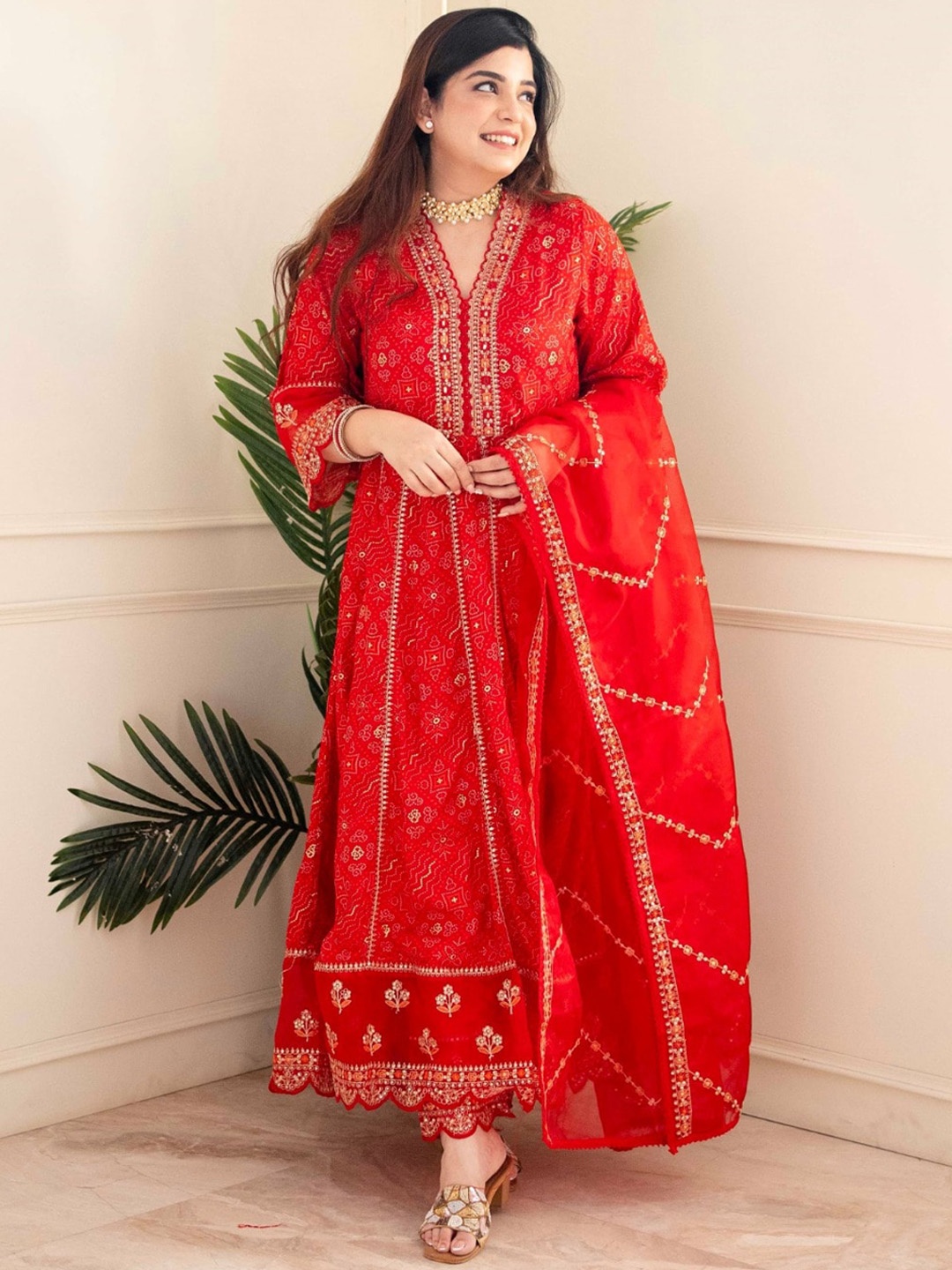 

KALINI Bandhani Printed Regular Sequinned Anarkali Kurta With Trousers & Dupatta, Red