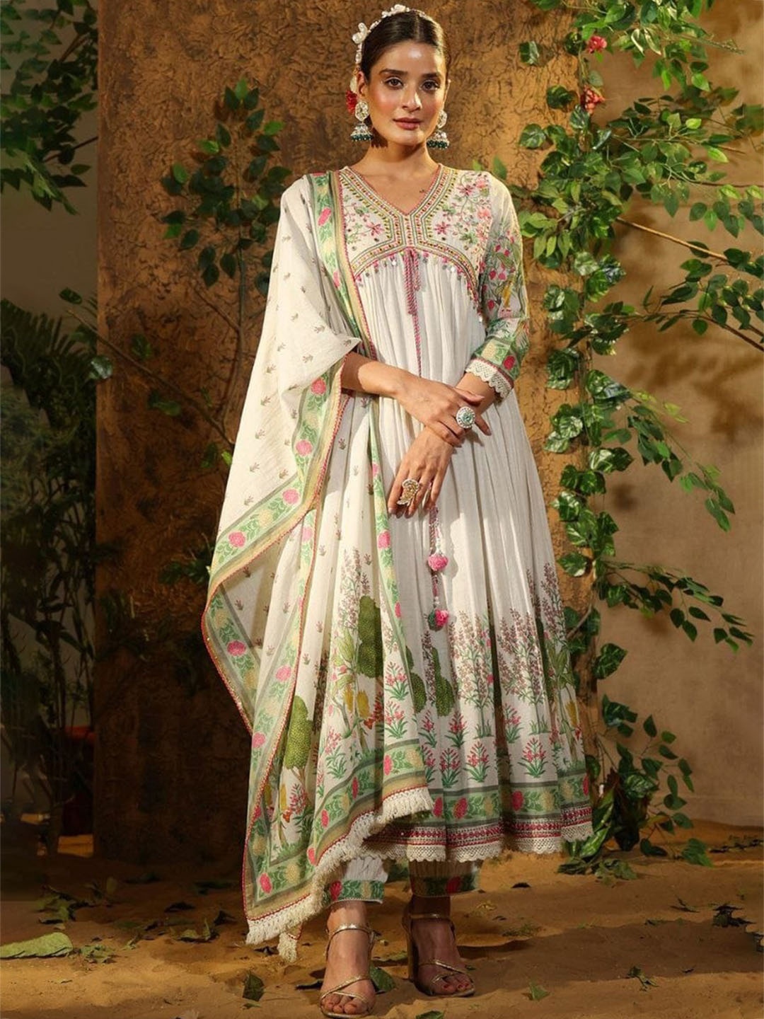 

KALINI Floral Embroidered Empire Mirror Work Anarkali Kurta & Trousers With Dupatta, White