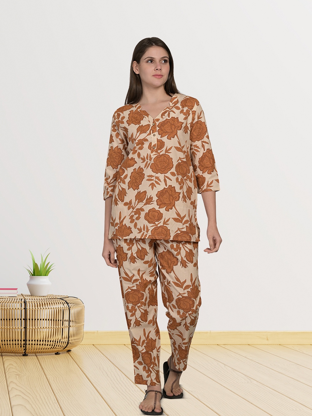 

MAYSIXTY Printed Cotton V-Neck Tunic With Trousers Co-Ords, Brown