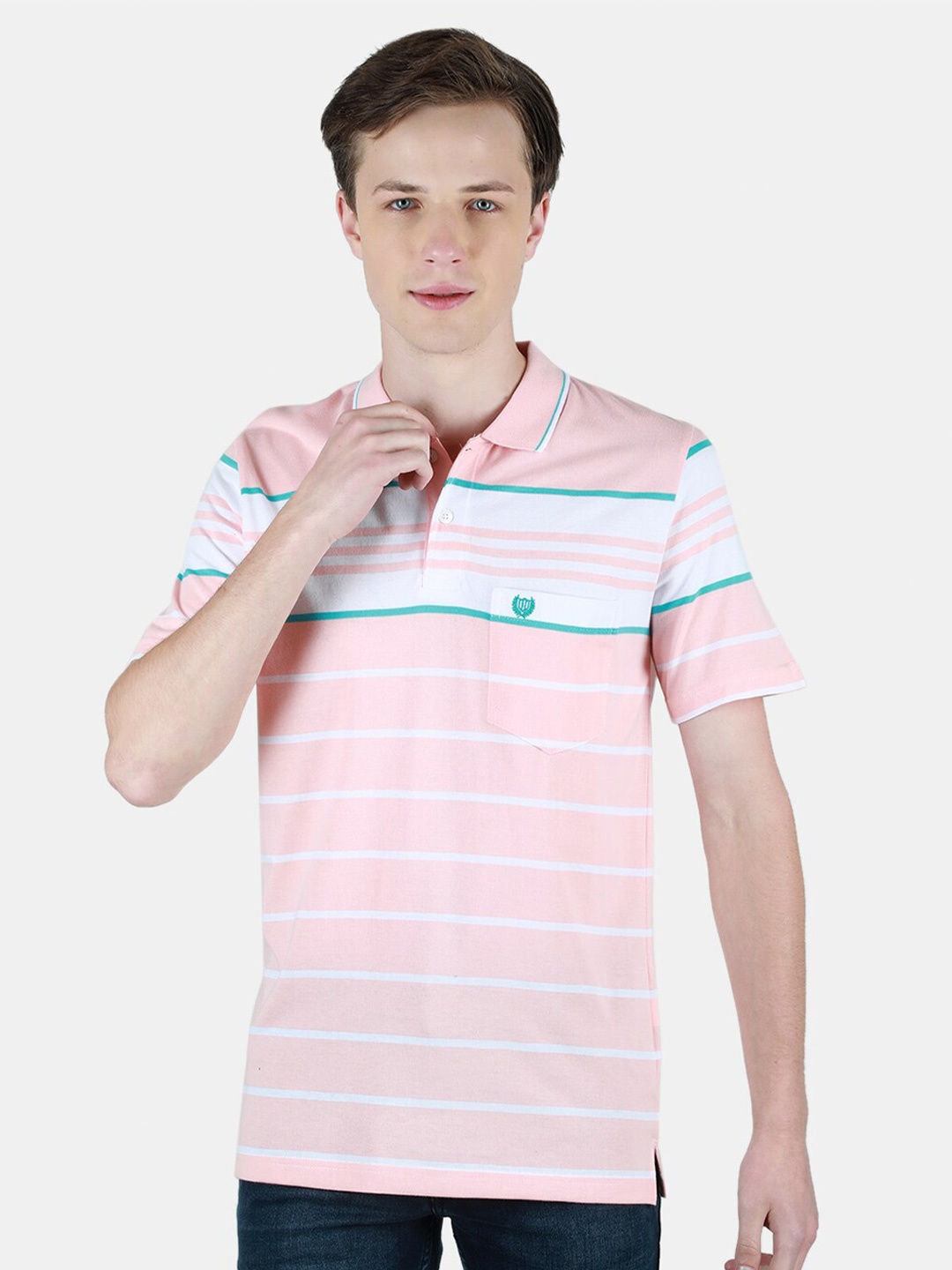 

Duke Striped Cotton Polo Collar Short Sleeves Pockets Slim Fit Casual T-shirt, Pink