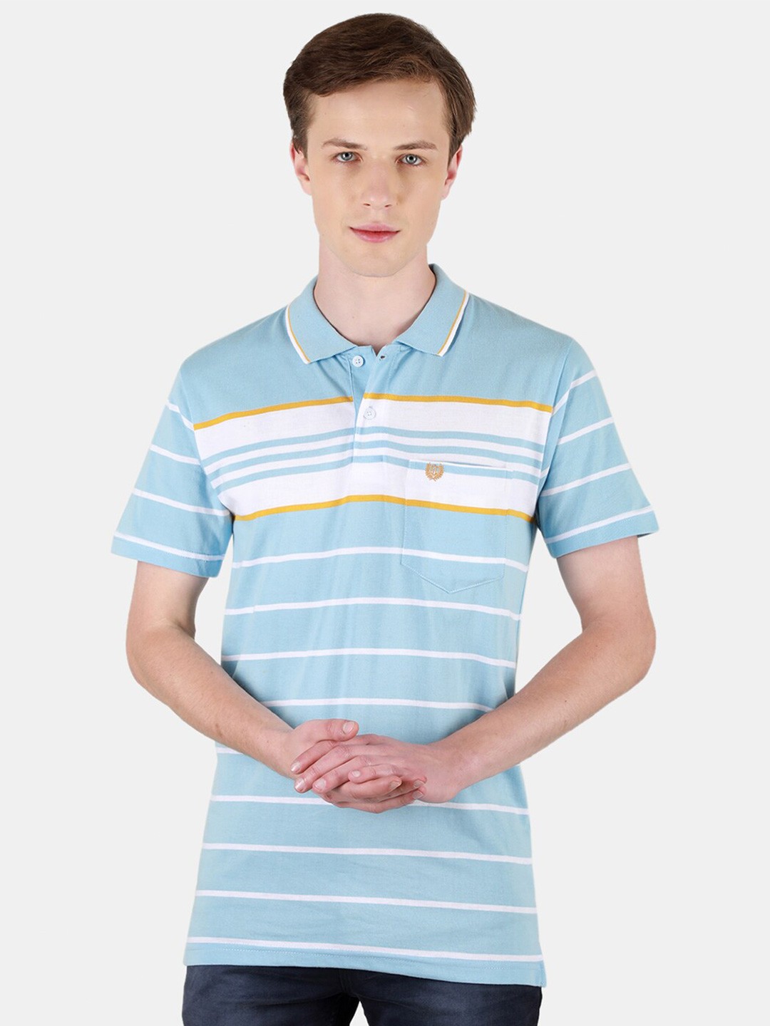 

Duke Striped Cotton Polo Collar Short Sleeves Pockets Slim Fit Casual T-shirt, Blue