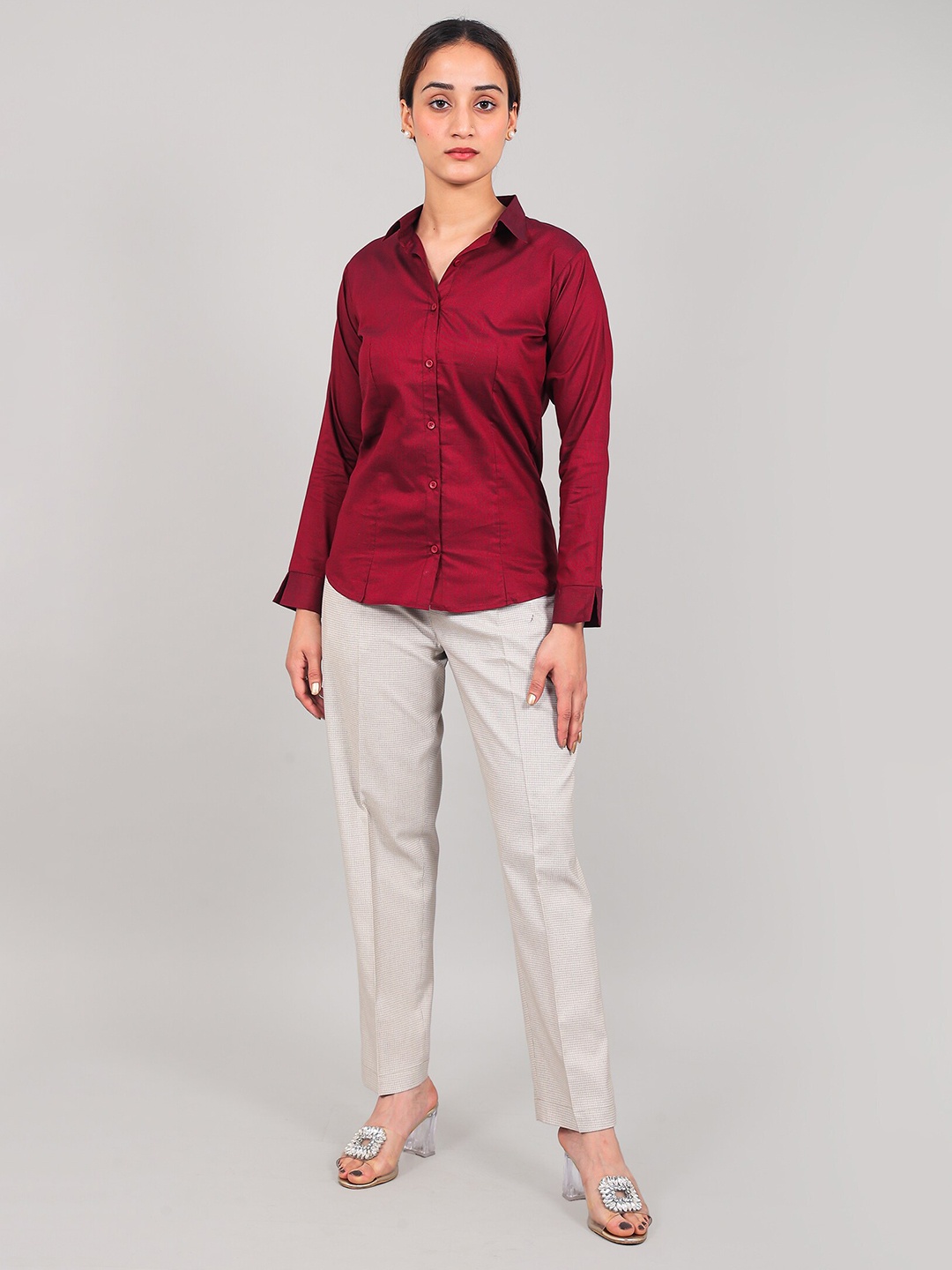 

BLUEBIRD Classic Satin Spread Collar Long Sleeves Opaque Casual Shirt, Maroon