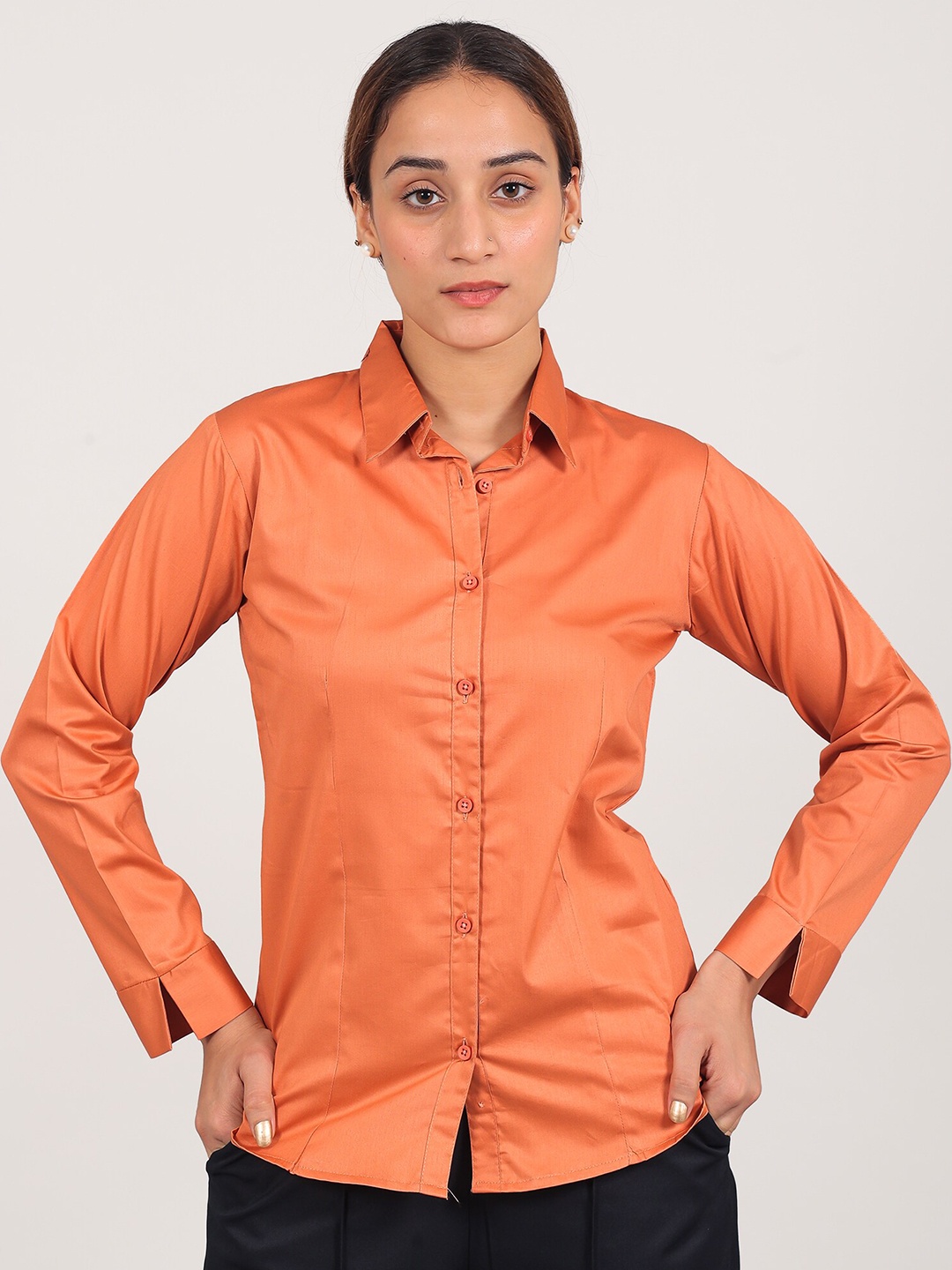 

BLUEBIRD Classic Satin Spread Collar Long Sleeves Opaque Casual Shirt, Orange